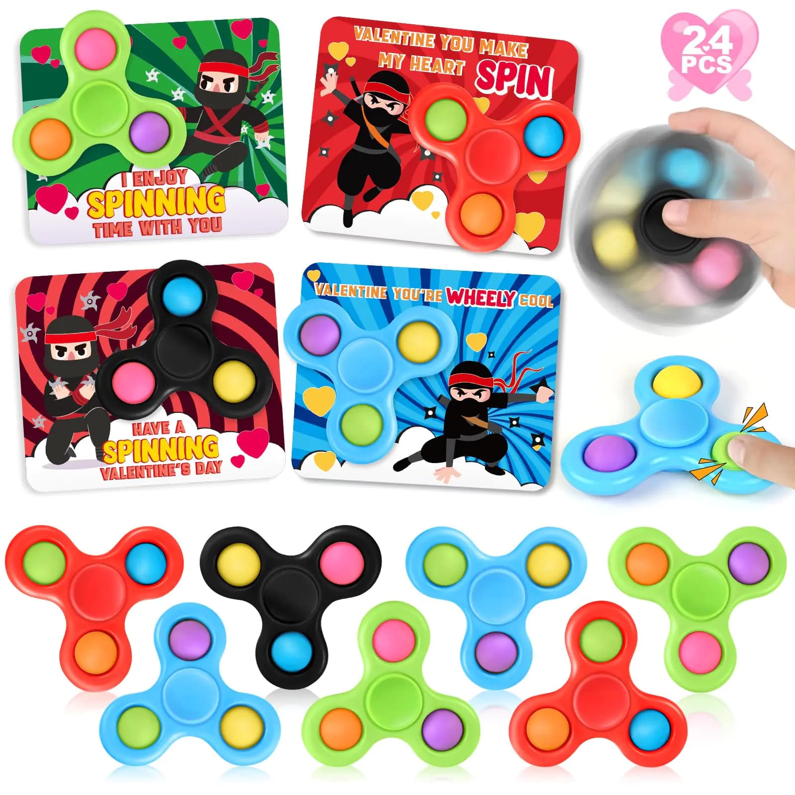 ShyLizard 24PCS Valentine Day Cards for Kids Classroom School Exchange Valentines Day Gifts with Fidget Spinner Toys Kids Valentines Day Card Gifts for Valnetine Day Party Favors Classroom Prize