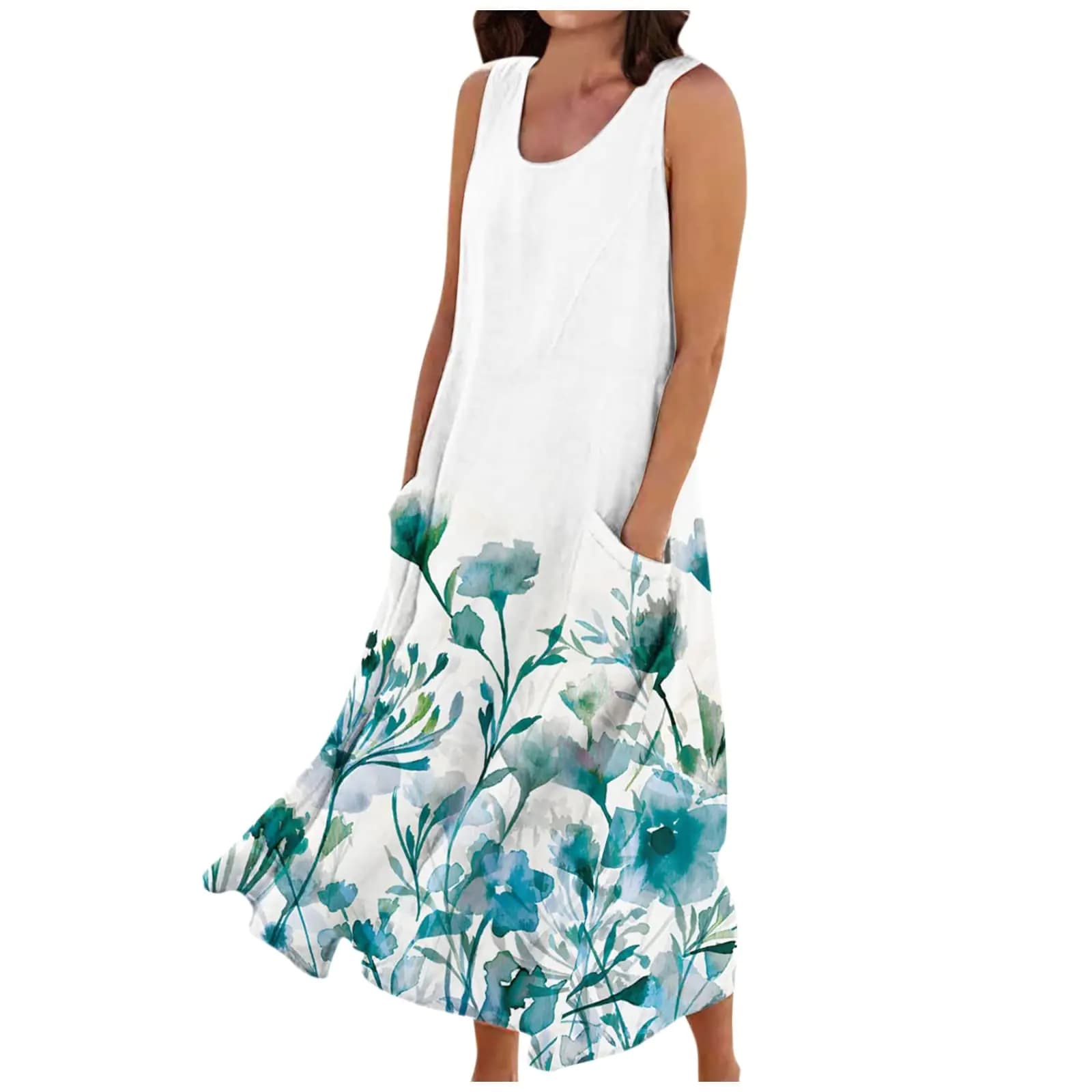Generic Sundresses for Women Round Neck Cotton Linen Sleeveless Dresses with Pockets Floral Print Beach Flowy Long Dress Lounger Dresses for Women Casual Women Dress with Sleeves（XX-Large4-Cyan）