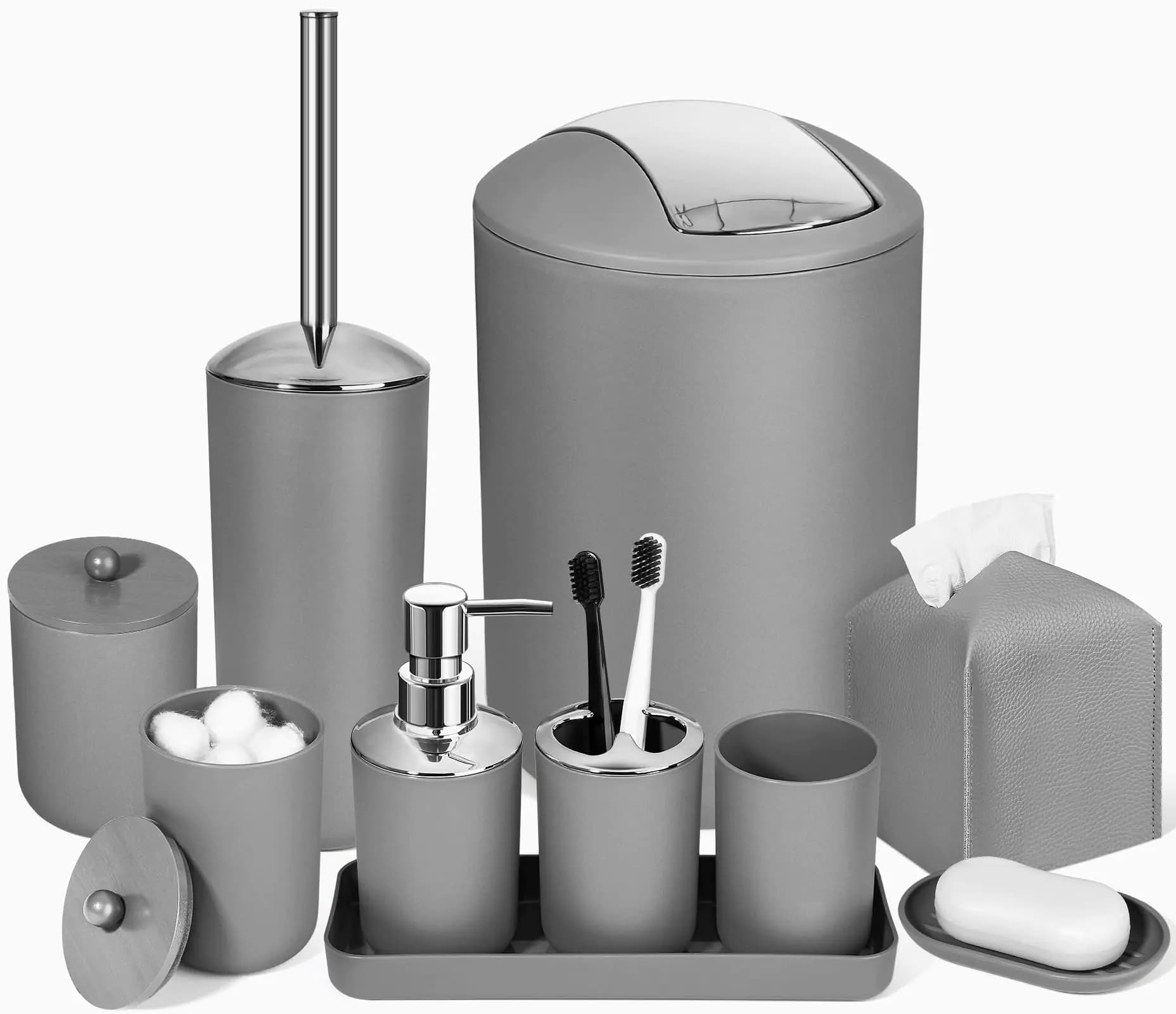 ALPIRIRAL Grey Bathroom Accessories Set 10Pcs Bathroom Accessory Set with Trash Can Soap Dispenser and Toothbrush Holder Soap Dish Cotton Ball & Qtip Holder Toilet Brush Holder Tissue Box Cover