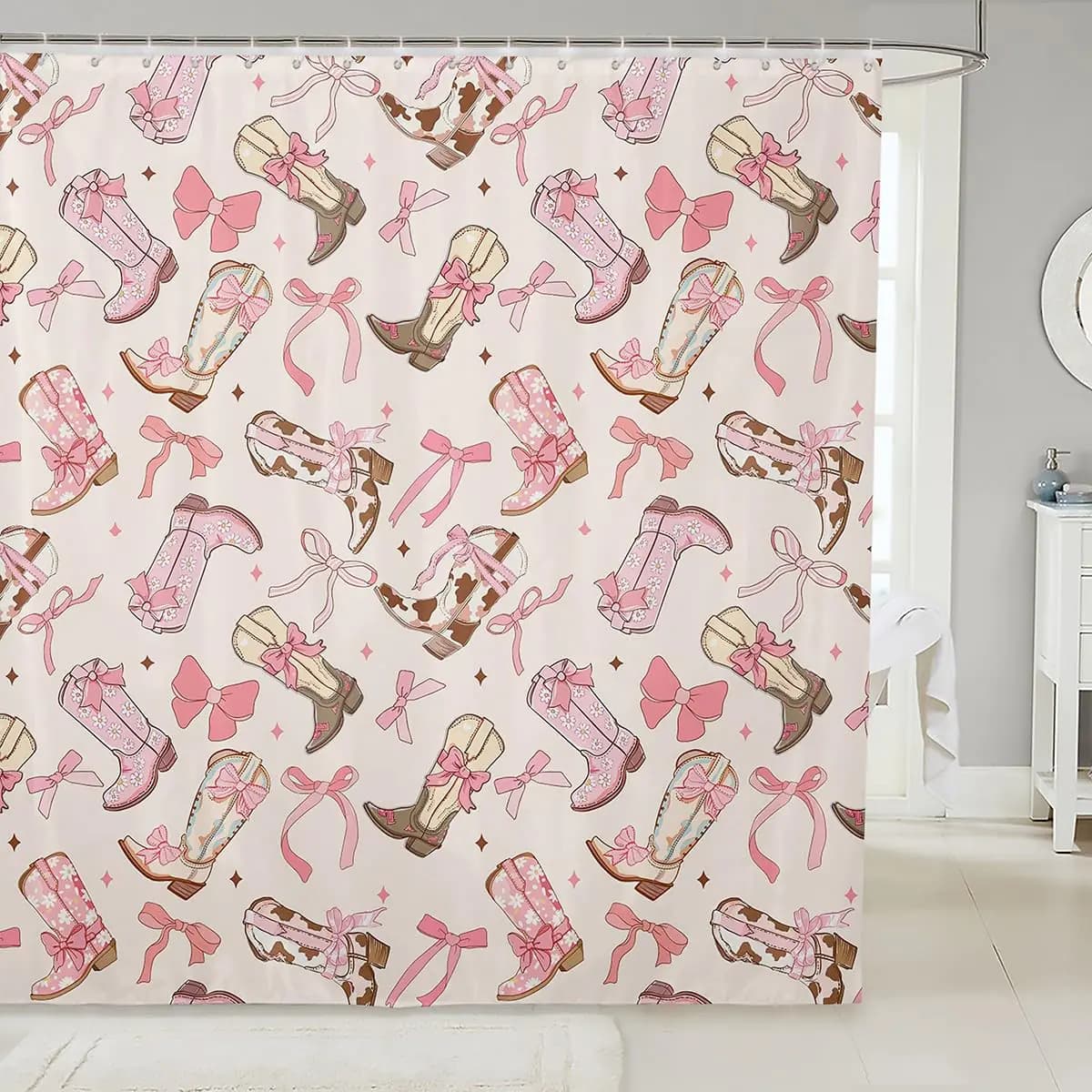 Feelyou Pink Bow Shower Curtain 72"x84" Kids Cute Bowknot Bathroom Shower Curtain Set for Boys Teens Girls Bow Bath Curtain Waterproof Western Boots Kids Bathroom Accessories Bow
