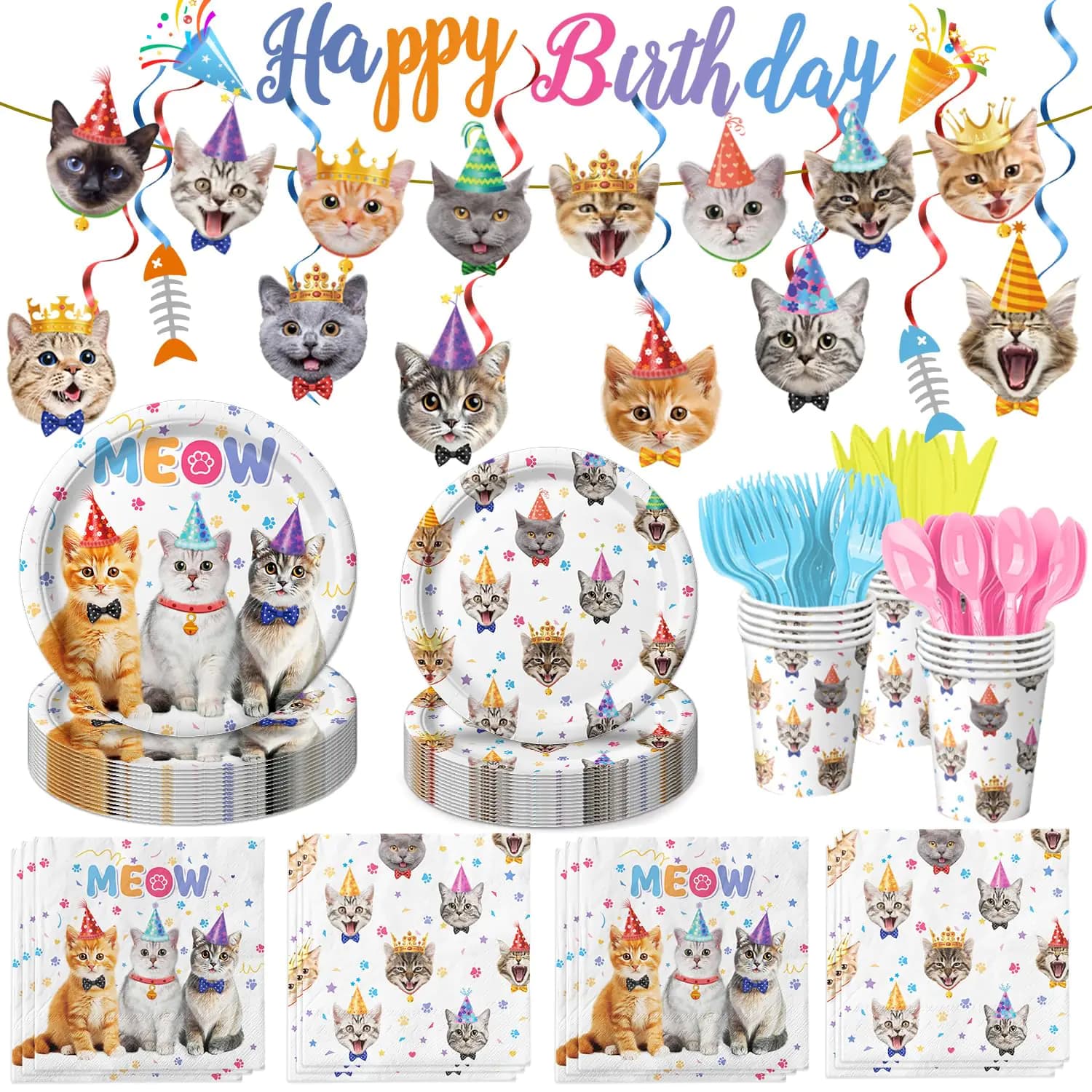 170PCS Cat Birthday Decorations Cat Birthday Party Supplies - Includes Plates Napkins Cups Cutlery Banner Hanging Swirl for Cat Birthday Party Decorations Serves 24