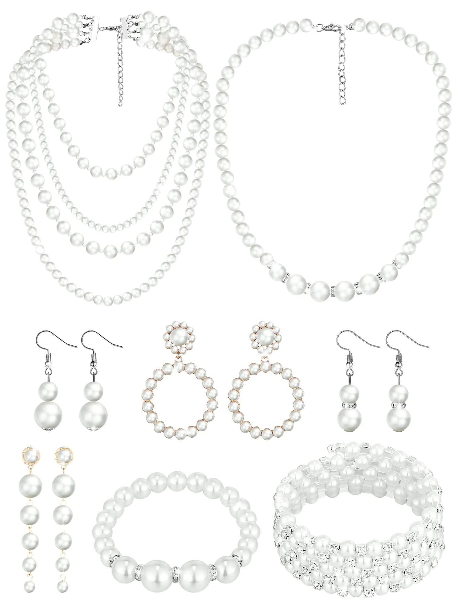 BBTO 8 Pcs Pearl Necklace and Earrings Set for Women Pearl Jewelry Set Faux Pearl Necklace Earrings Simulated Pearl Bracelets (Delicate Style)