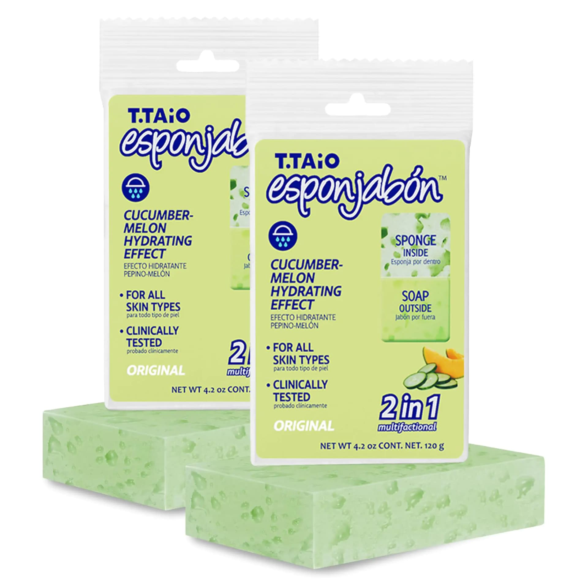 T.Taio Esponjabon Soap Sponge - Cleansing Shower Scrubber - Cleaning Bath Wash Scrub - Oil Removal - Massage & Lather Foot Elbow & Face - Bathroom Accessories - Cucumber & Melon Soap