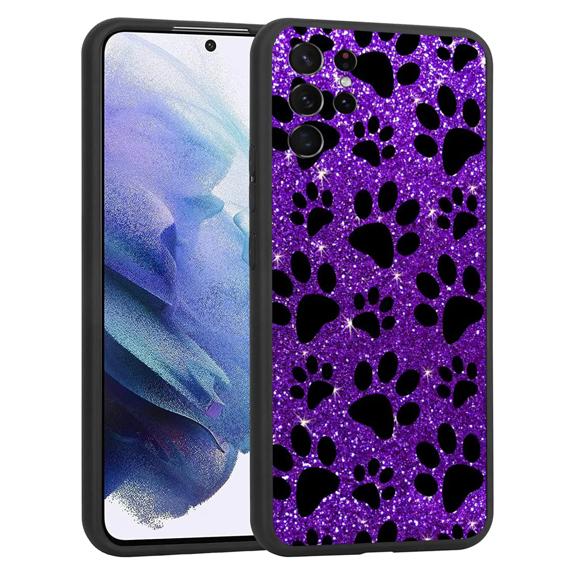 Compatible with Samsung Galaxy S21 Ultra Case Bling Purple Black Dog Paw Phone Case Gift TPU Shockproof Protective Phone Case