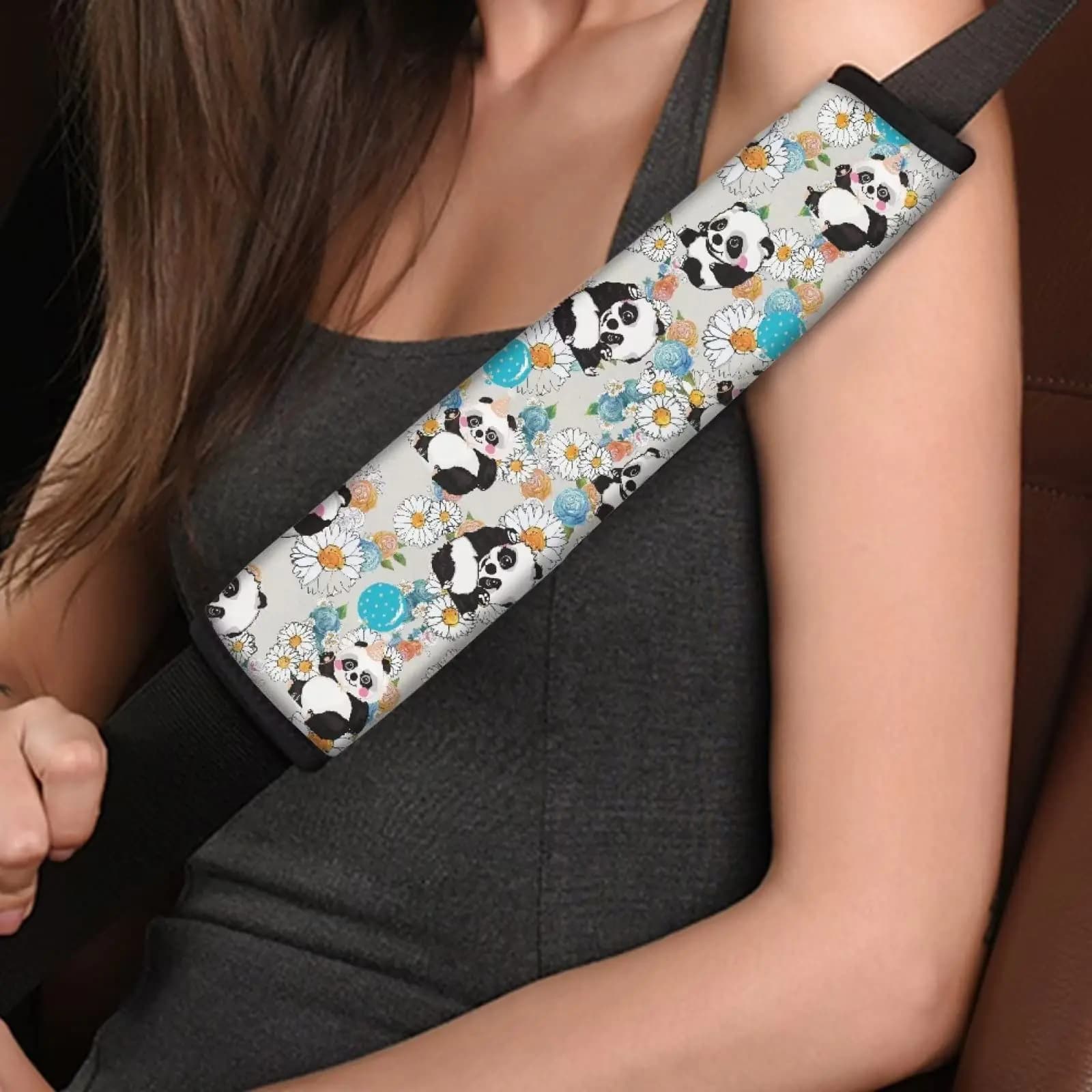 STUOARTE Cartoon Panda with Daisy Car Seat Belt Pads Cover for Kids Car Accessories Seatbelt Pads Soft Comfort Seat Belt Cushion Shoulder Strap Backpack Straps 2 Packs