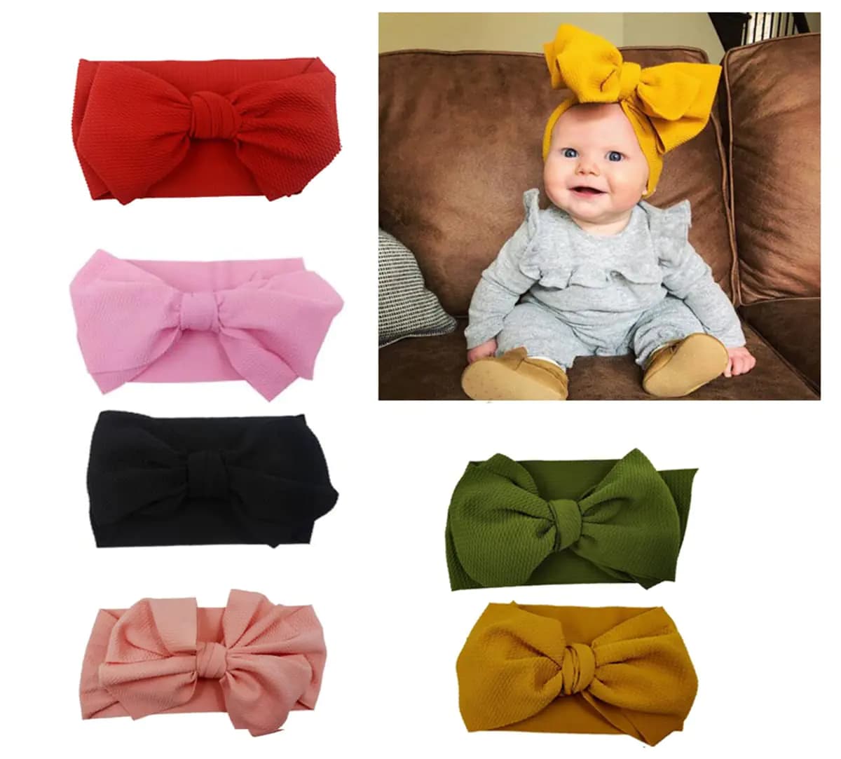 GEOOT 6 Pack Solid Stretchy Wide Headbands with Big Knot Bow Headwraps Hair Accessories Children Soft Headwrap Hair Accessories