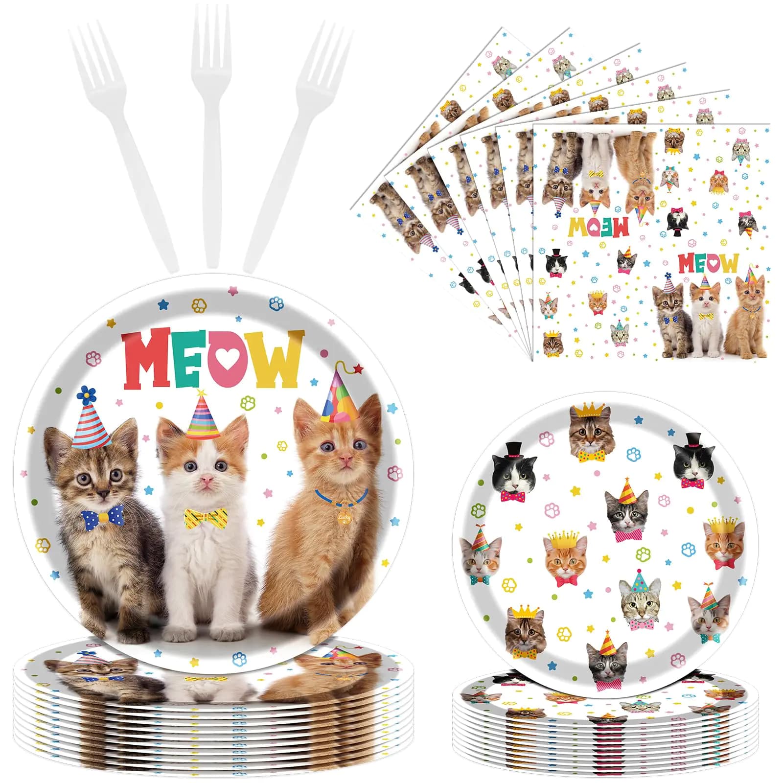Cat Plates and Napkins Party Supplies - 96PCS Cat Birthday Party Decorations Cat Disposable Tableware Set kids Birthday Party Serve 24 Guests