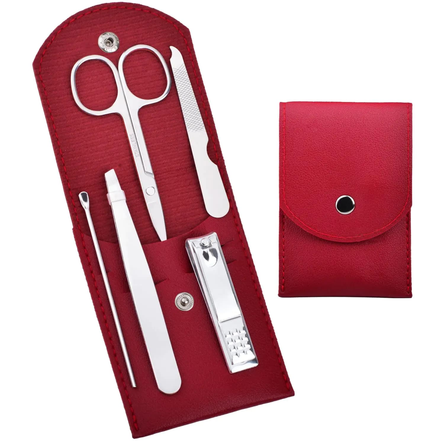 HANTEKAS Travel Manicure Set Professional Nail Clipper Kit-5 Pieces Stainless Steel Manicure Kit Women Men Grooming kit With Nail Care Tools Beauty Scissors Tweezers (Silver Red)