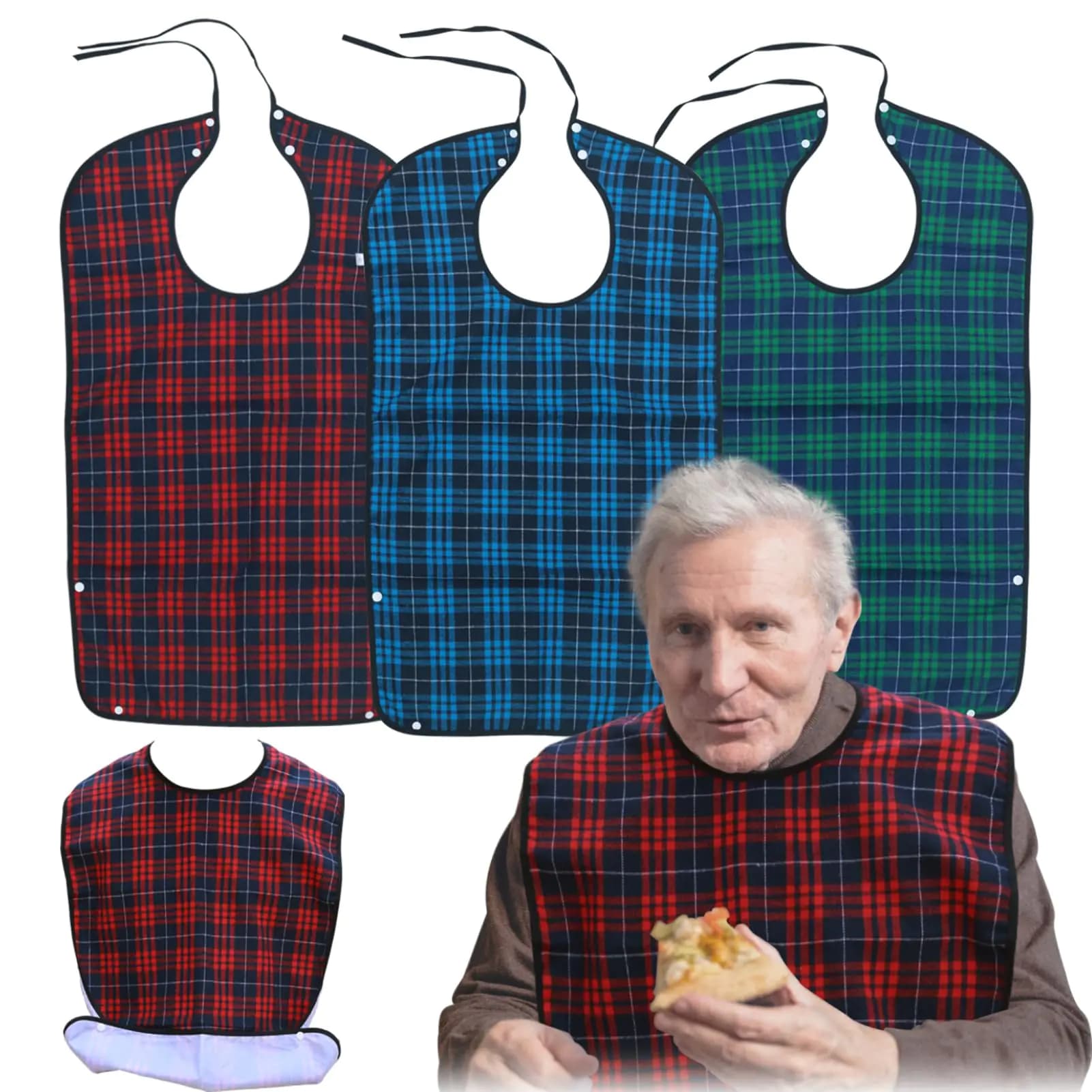 Exmagous Adult Bibs for Men Pack of 3 - Reusable Bibs for Adult Eating Clothing Protector with Crumb Catcher Waterproof & Machine Washable Large Bids for Elderly Seniors Gifts for Men/Dad/Father