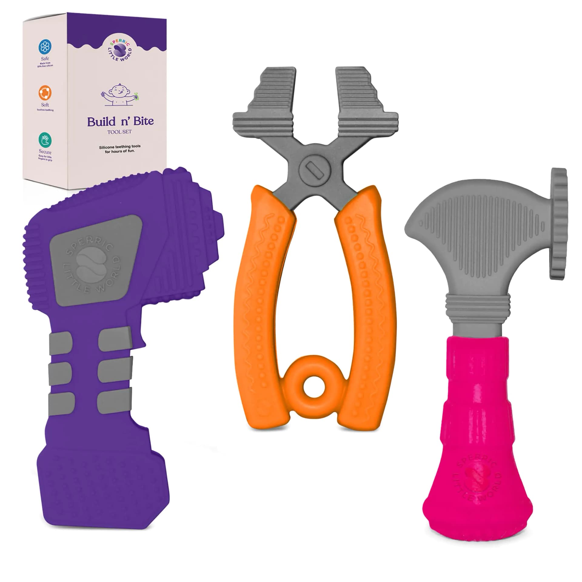 Sperric Teething Toys for Babies 0-6 Months – Silicone Teething Toys - Kids Tools Set for Boys and Girls with Hammer Pliers Drill – Double-Sided Texture for Gum Soothing – 3pcs