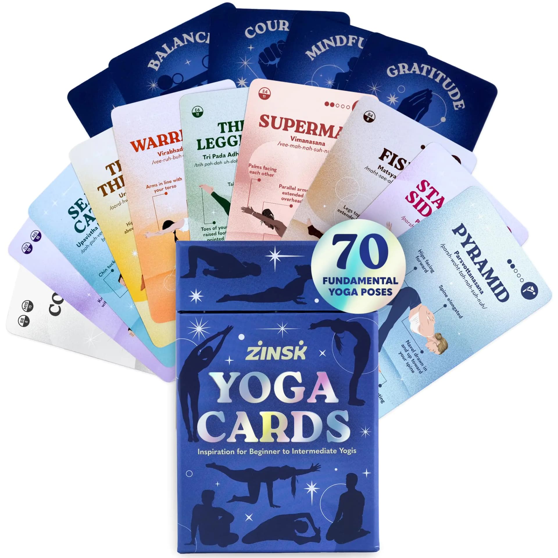 Zinsk Premium Yoga Deck - 70 Beautifully Illustrated 3x5” Yoga Cards with Instructions Alignment Cues & Modifications - Flash Cards for Learning Beginner & Intermediate Yoga Poses & Yoga Sequencing