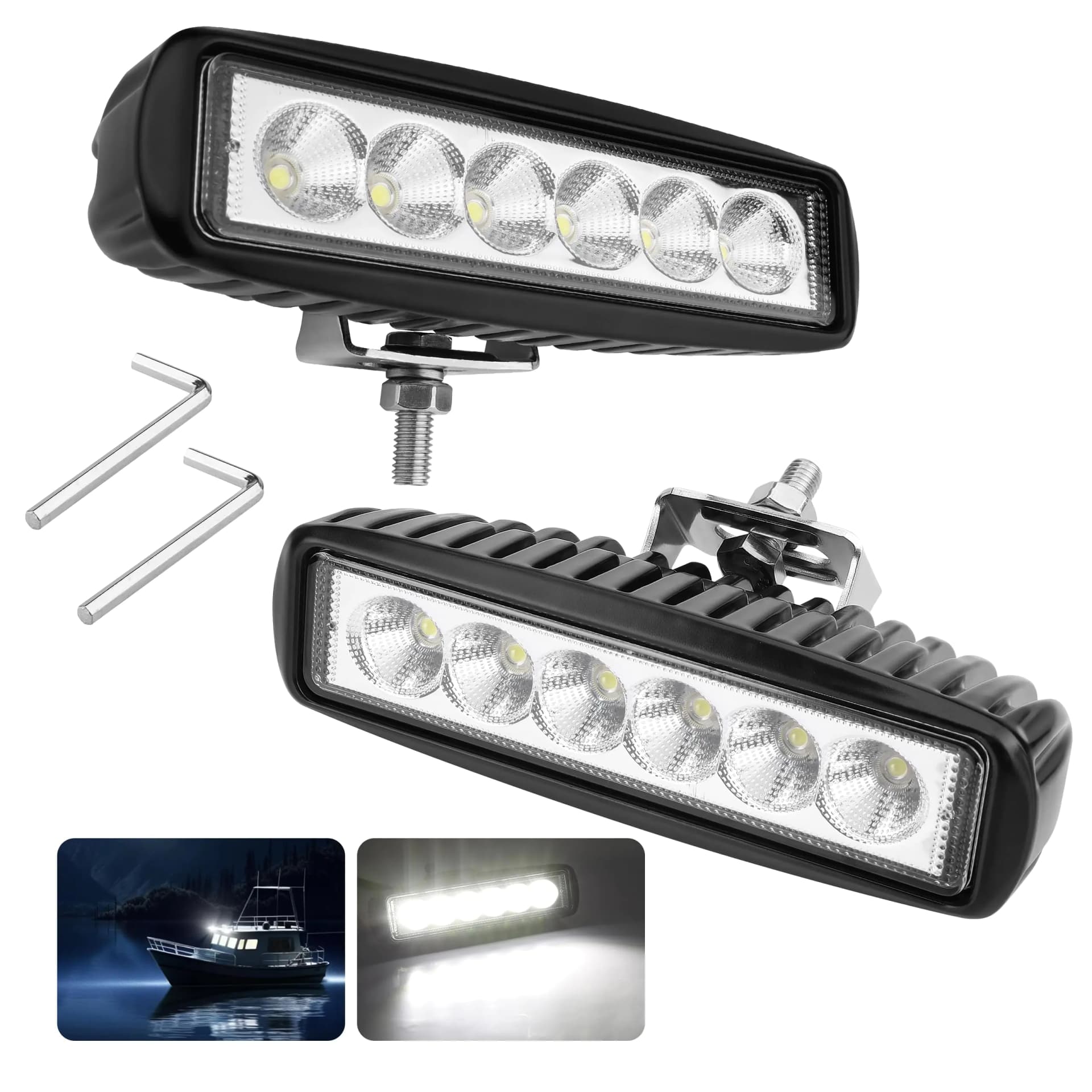 RVZONE Waterproof Led Boat Lights 18W LED Spreader Lights 1200LM 120°Flood Light 6.3in Deck Dock Marine Led Lights Bar Pack of 2 White Housing (Flood Light/Black Housing)