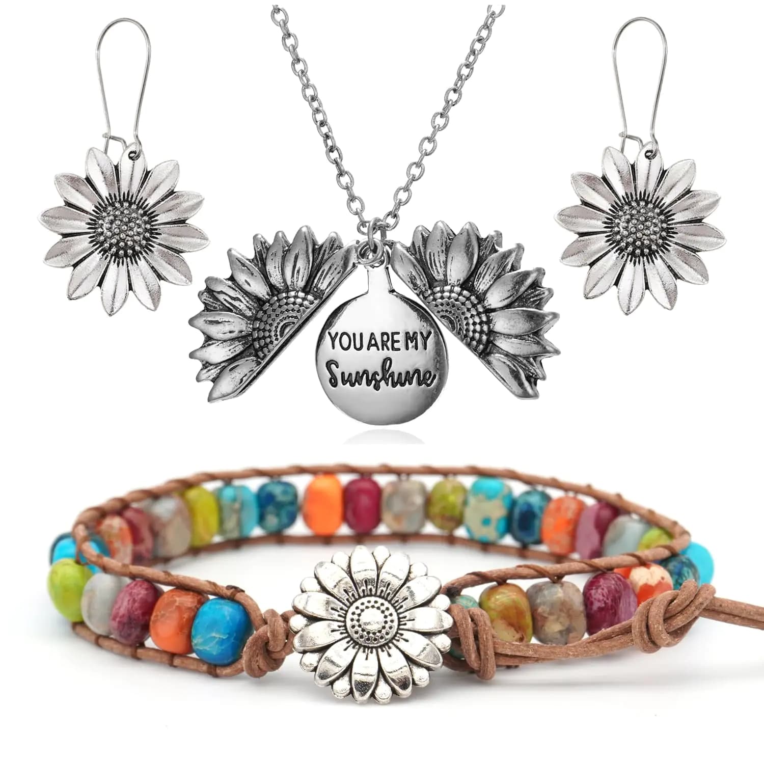 GOGZBD 3 Pcs Western Jewelry Set for Women Faux Leather Wrap Bracelet Sunflower Pendant Necklace Hoop Dangle Earrings