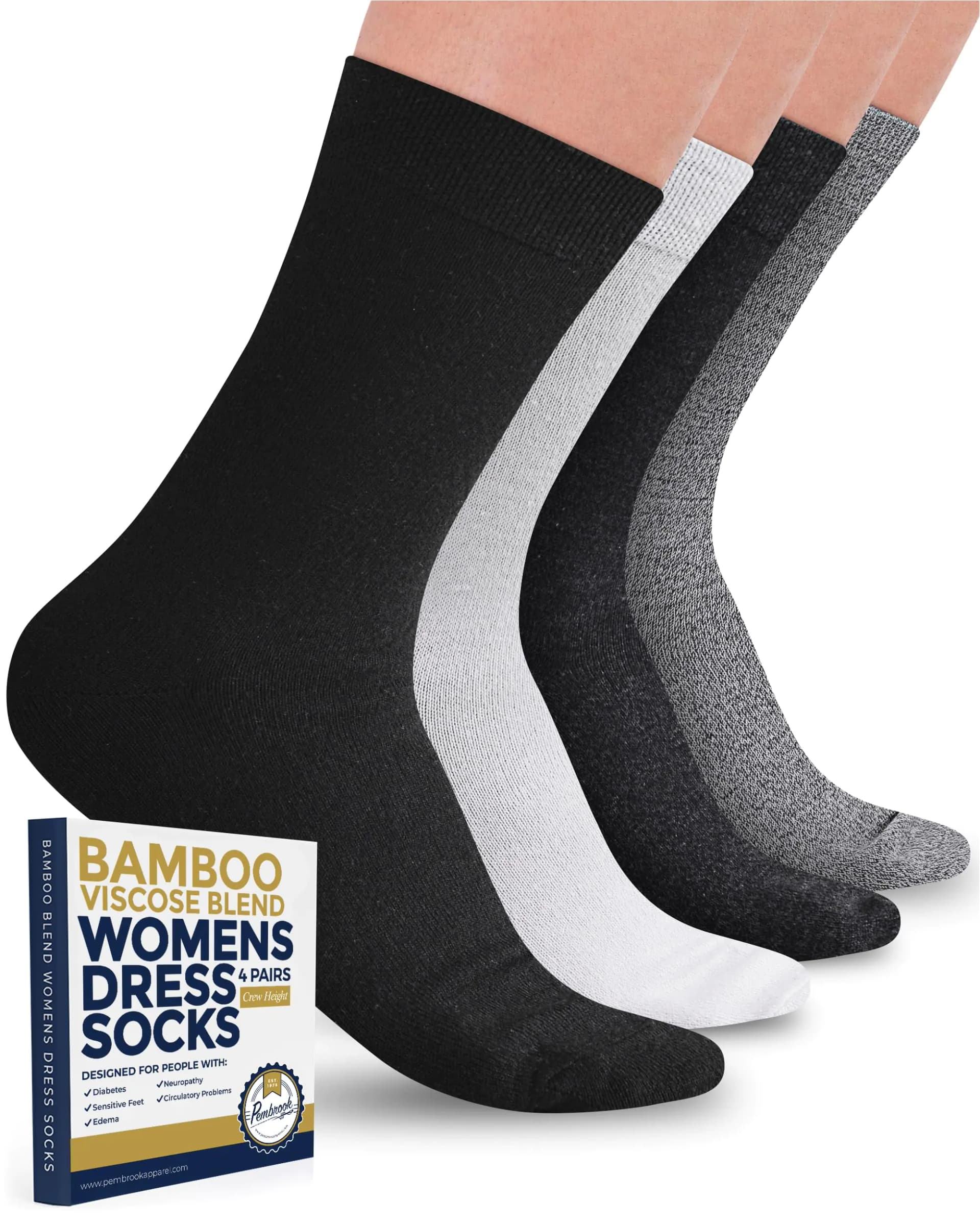 Pembrook Bamboo Viscose Dress Socks Women - 4 Pairs Crew Thin Socks Women | Dress Socks Women | Above Ankle Socks Women | Moisture Wicking Socks Women | Black White Light Grey