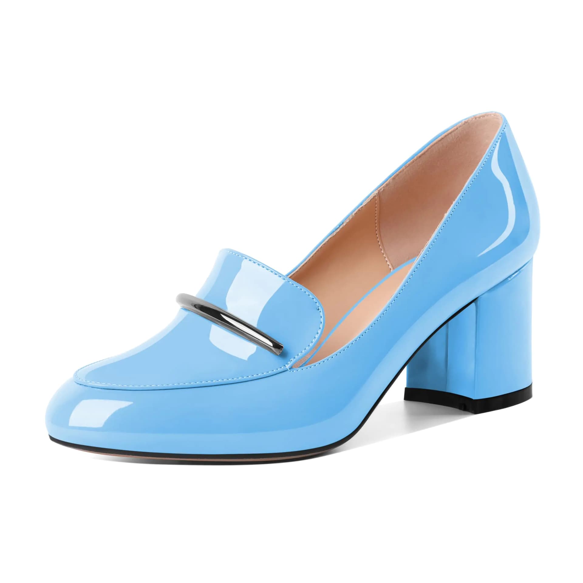 Eldof Block Heels for Women Round Toe Slip On Loafer Heel Chunky Pumps Women Dress Shoes 2.5 Inches Patent Light Blue US Size 8.5