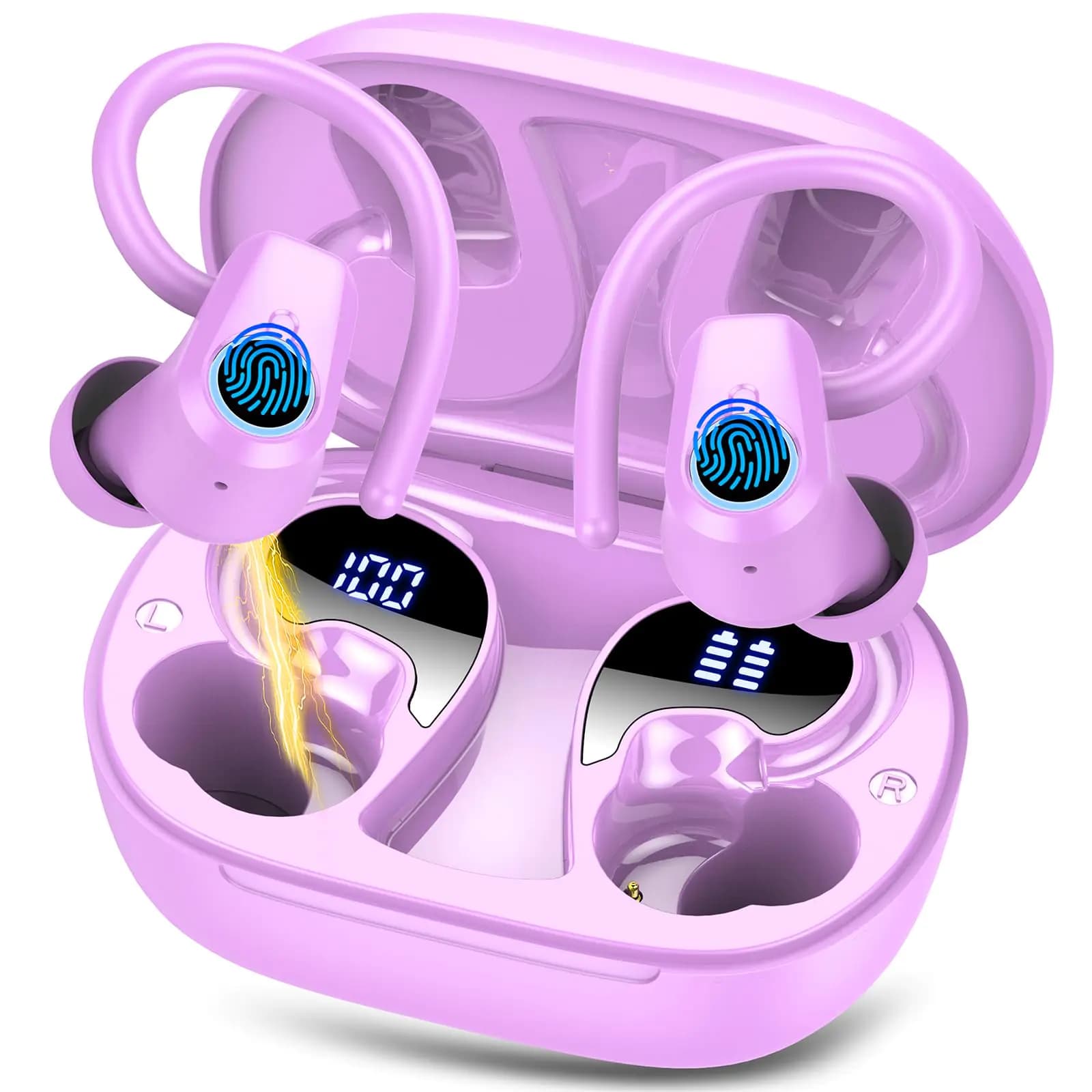 Wireless Earbuds Sport Headphones Bluetooth 5.3 Ear buds Wireless Earbuds Bluetooth 50H Playtime HD Stereo Noise Cancelling Earbuds Dual LED Display IP7 Waterproof Running Earphones Pure Purple