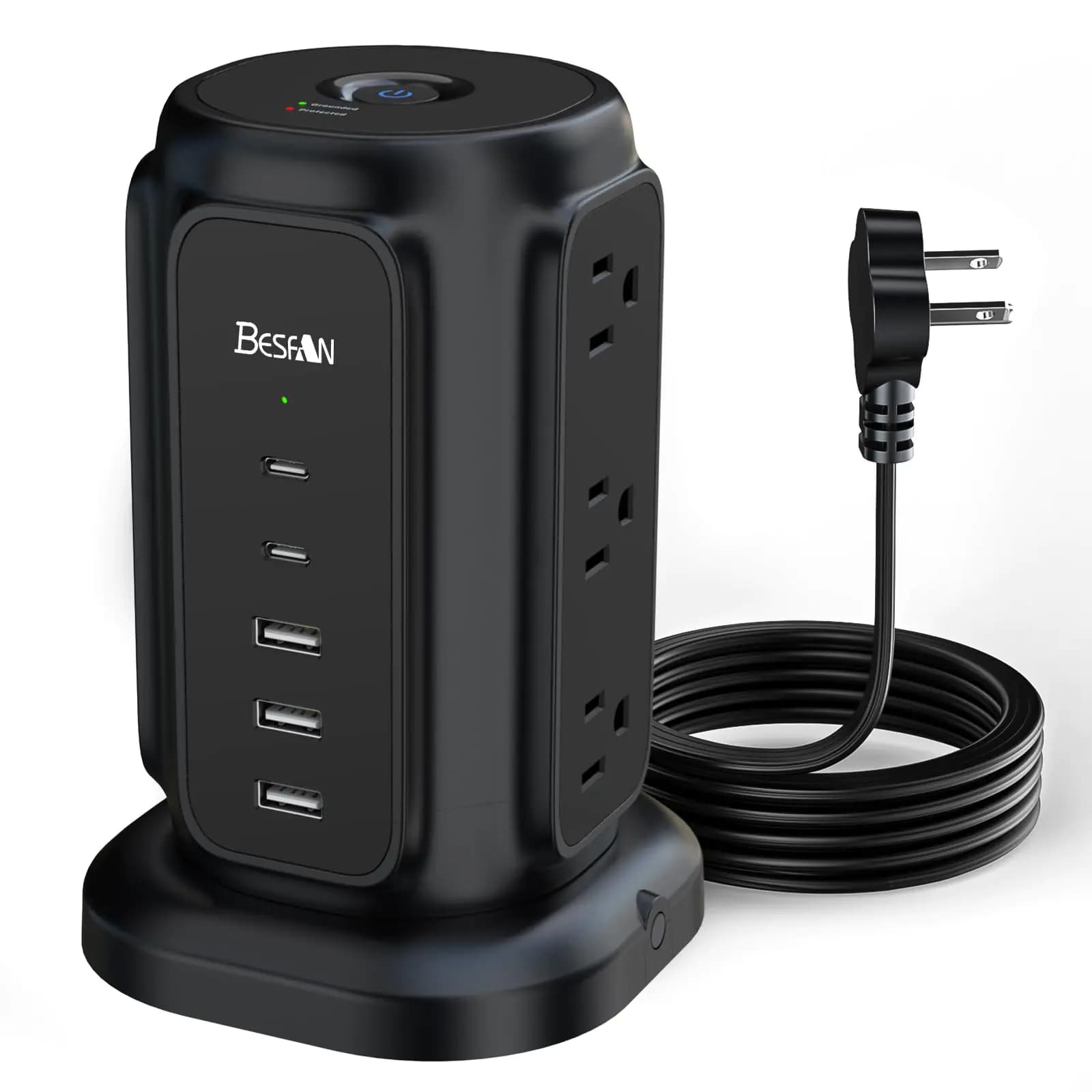 Flat Plug Power Strip Tower with 2 USB-C and 3 USB-A Ports AiJoy 6.5 FT Ultra Thin Extension Cord with Multiple Outlets 1200J Surge Protector with 9 AC Outlets for Home Office Supplies