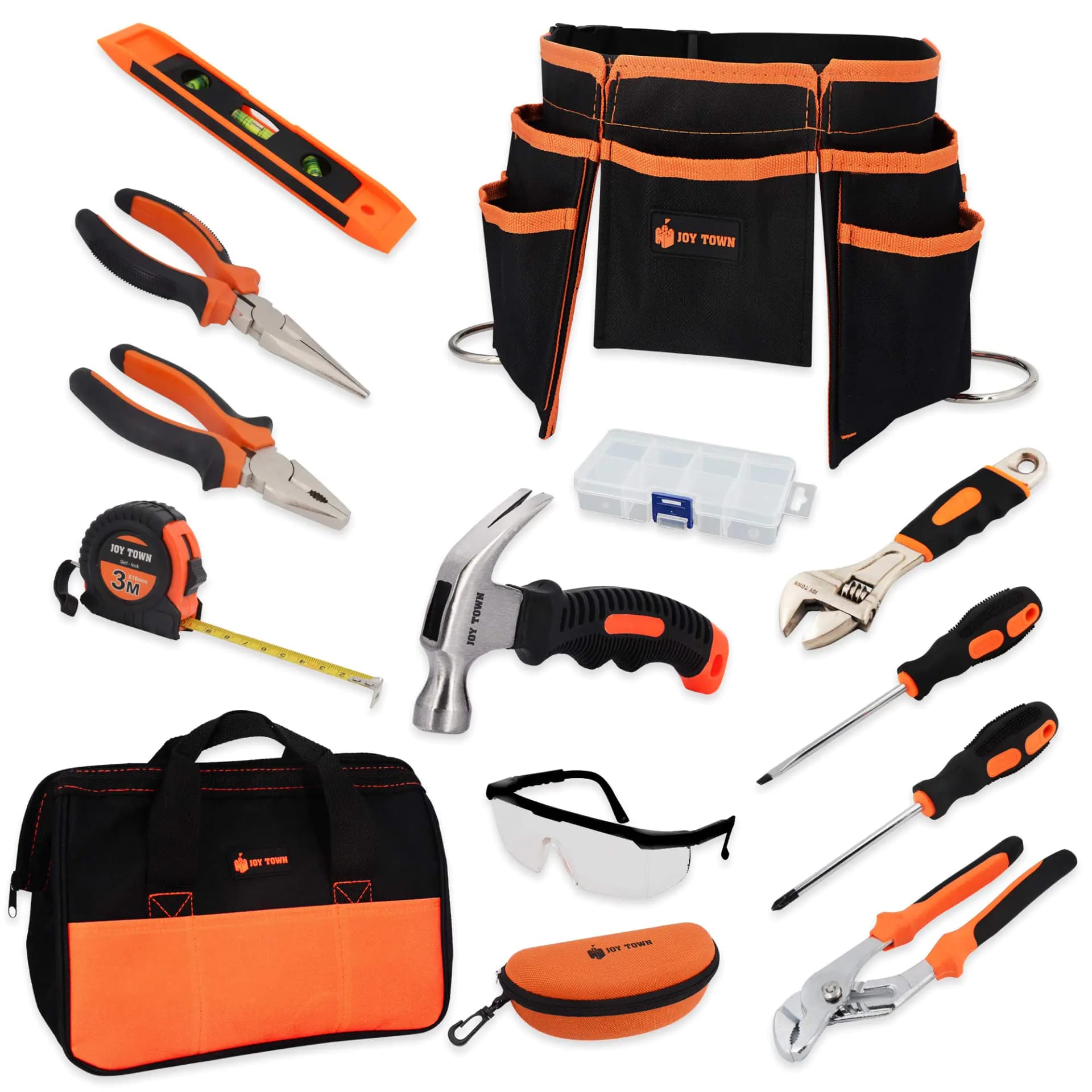 JoyTown Kids Real Tool Set - Junior Steel Forged Tool Kit for Children with Real Hand Tools Kids Tool Belt Portable Tool Bag Perfect Learning Tools for Home DIY (Orange & Black)