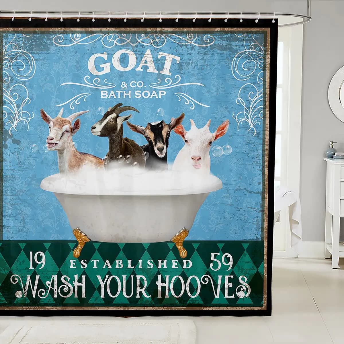 Funny Goat Shower Curtain Blue Green Geometric