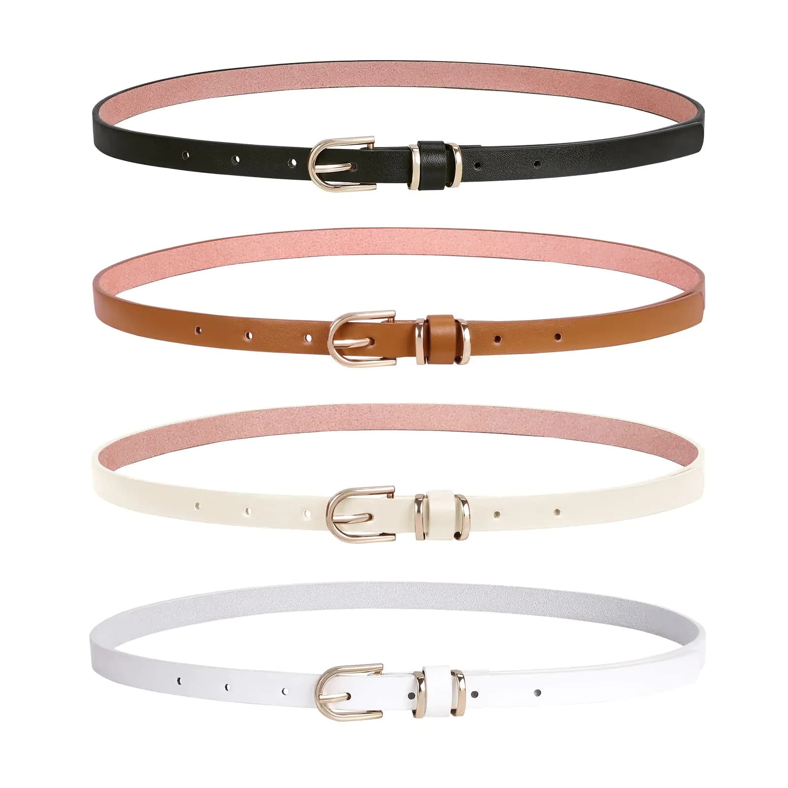LEACOOLKEY 4 PACK Skinny Leather Belt for Women Dress Thin Waist Belt with Gold Buckle for Jeans