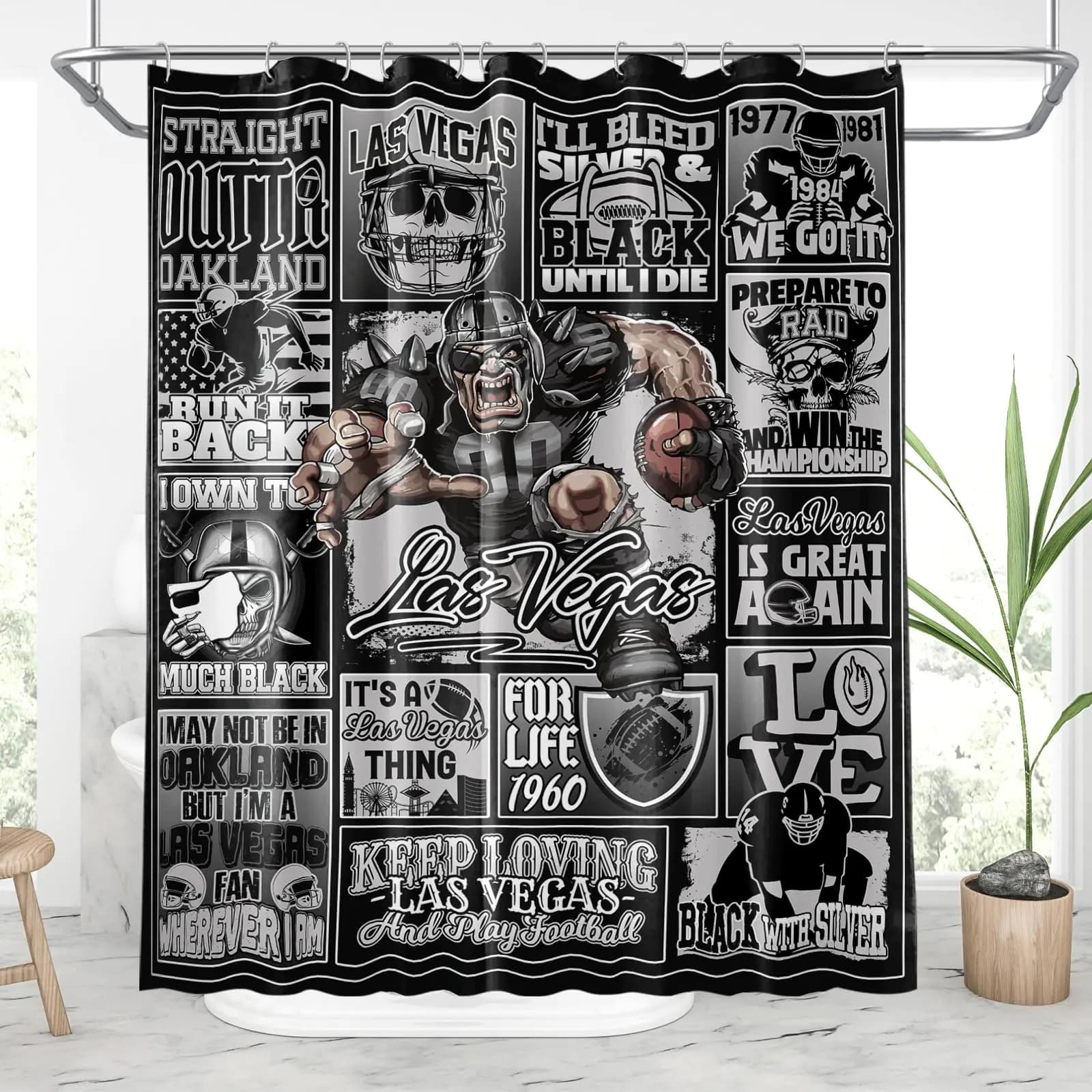 Football Shower Curtain Black Silver 72x60