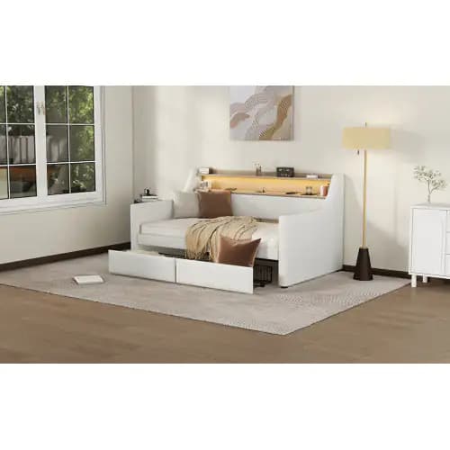 Twin Size Daybed With Drawers, Upholstered Daybed With Charging Station And LED Lights, White