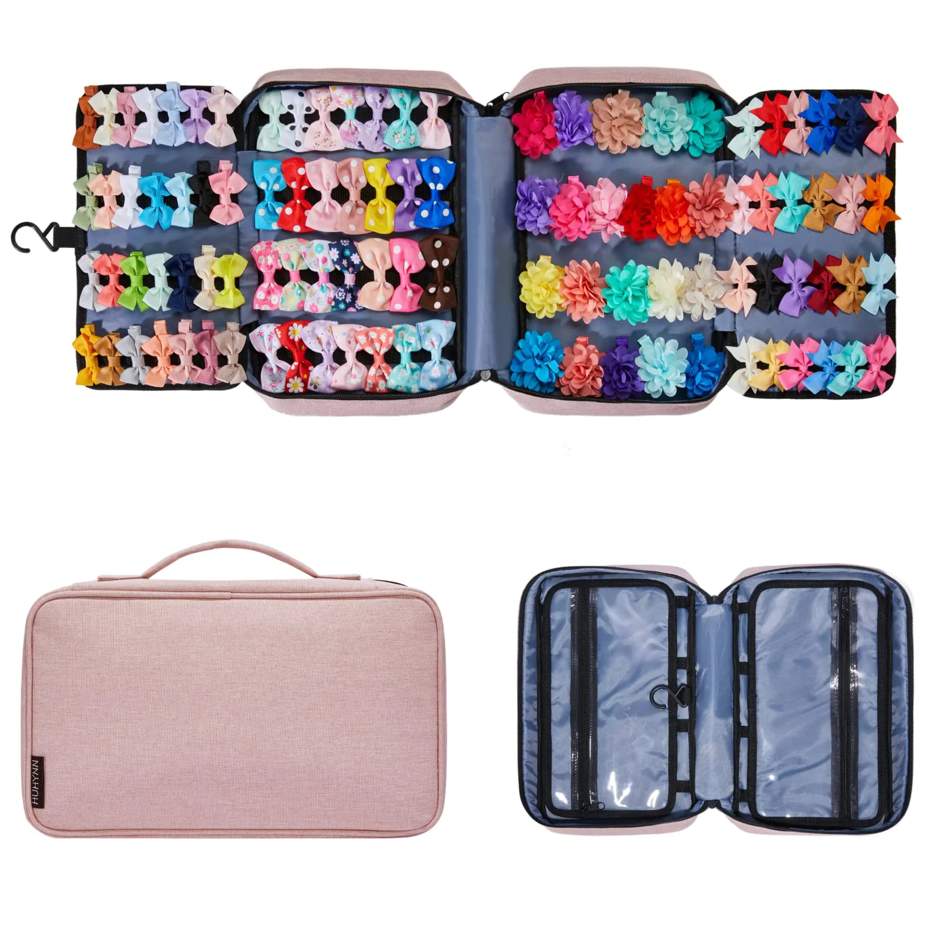 HUHYNN Hair Accessories Organizer for Girls Hair Accessories Storage Bag Hair Bow Storage Organaizer for Girls with Multi-Compartments Baby Hair Accessories Organizer for Travel (Pink)
