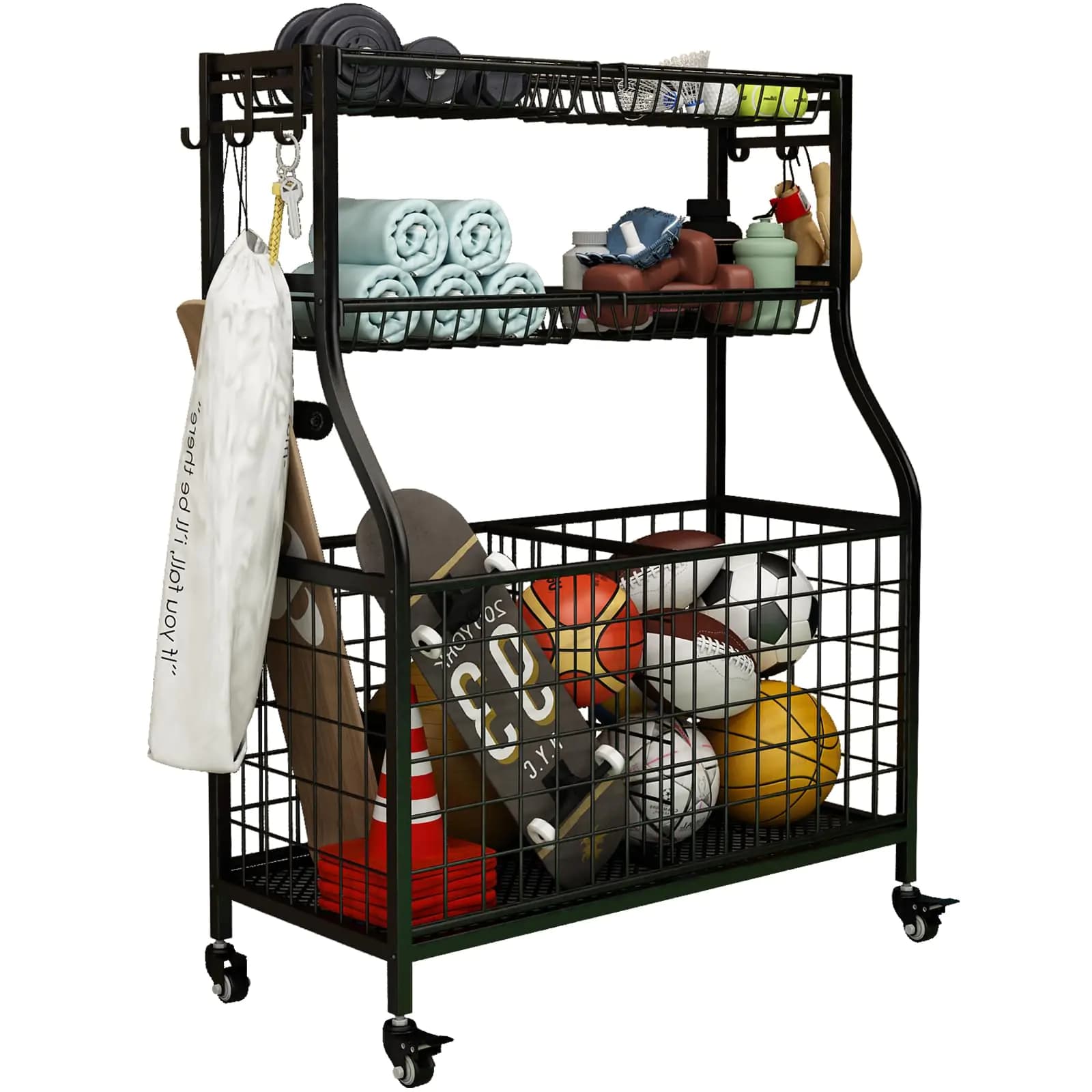 Sports Equipment Organizer Cart With Baskets