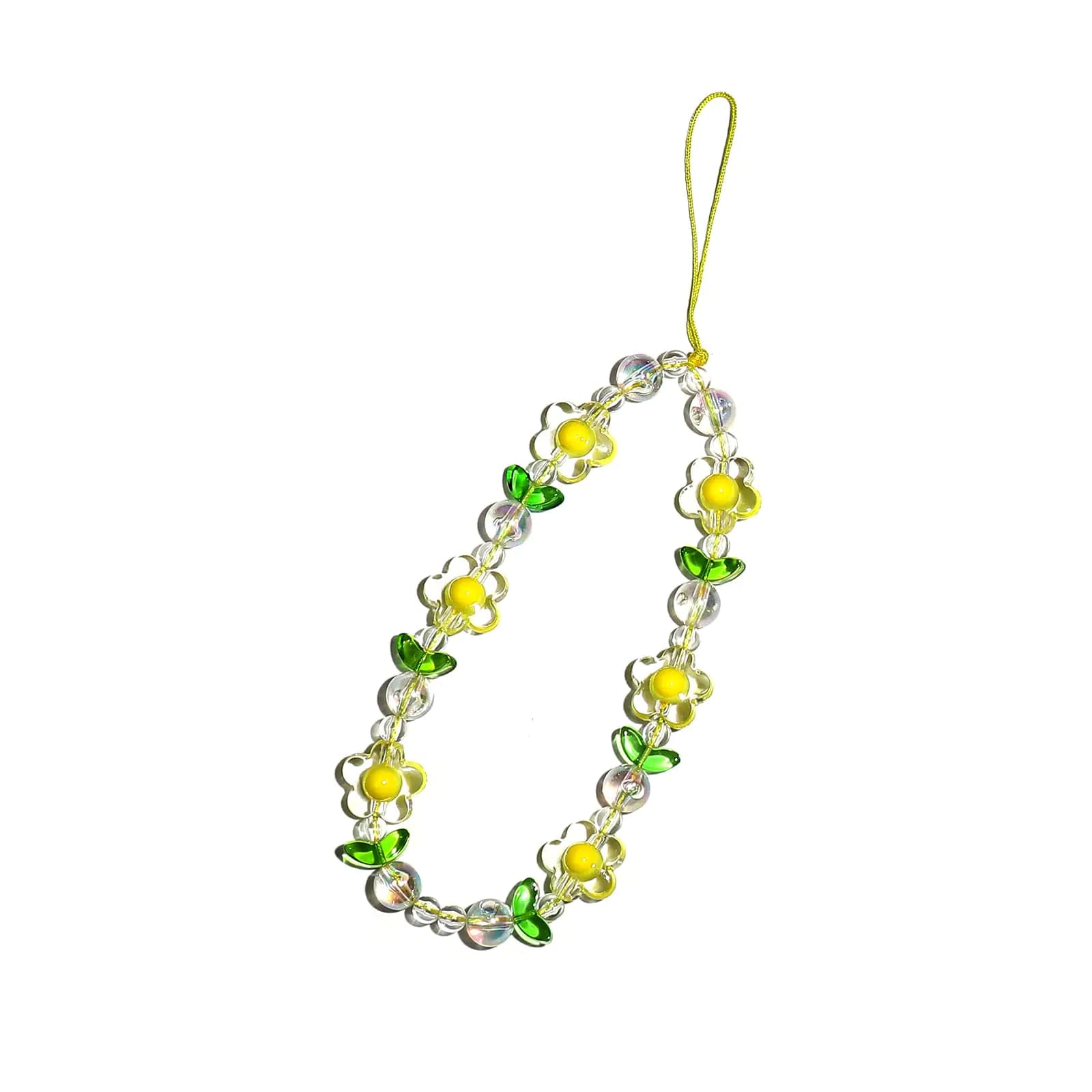 Fuqimanman2020 Colorful Flower Beaded Phone Charm Chain for Women Girls Cute Acrylic Flower Cell Phone Lanyard Wrist Strap Phone Accessories-B Yellow