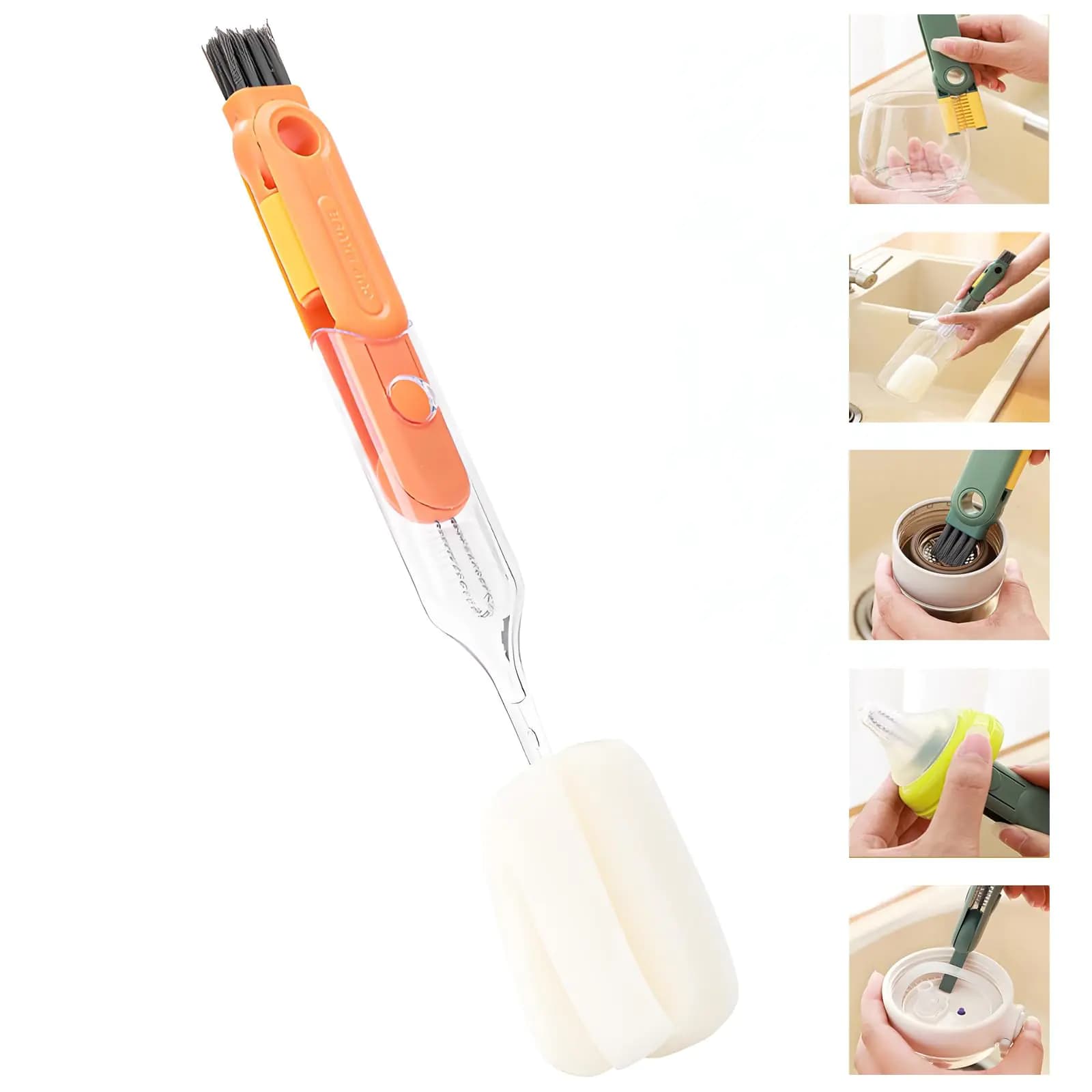 5 in 1 Cleaning Brush Set-Long Handled Baby Bottle Brush & 4 in 1 Cup Lid Cleaning BrushMultifunctional Home Kitchen Cleaning Tools for Coffee CupWater BottlesStanley Cup Etc(Orange)