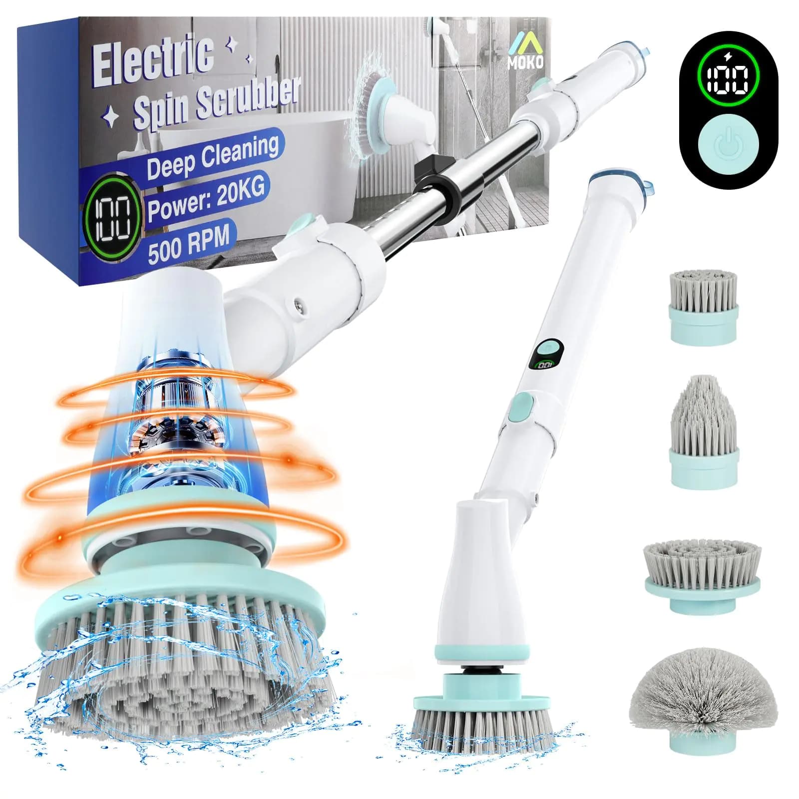 MoKo 500 RPM Cordless Shower Scrubber New LED Display Electric Spin Scrubber Electric Spin Scrubber with Adjustable Extension Arm4 Replaceable Brush HeadsDeep Cleaning for Bathroom/Tub/Tile/Floor