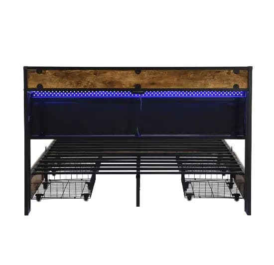 Full Size Bed Frame, Storage Headboard With Charging Station And 4 Storage Drawers,LED Lights
