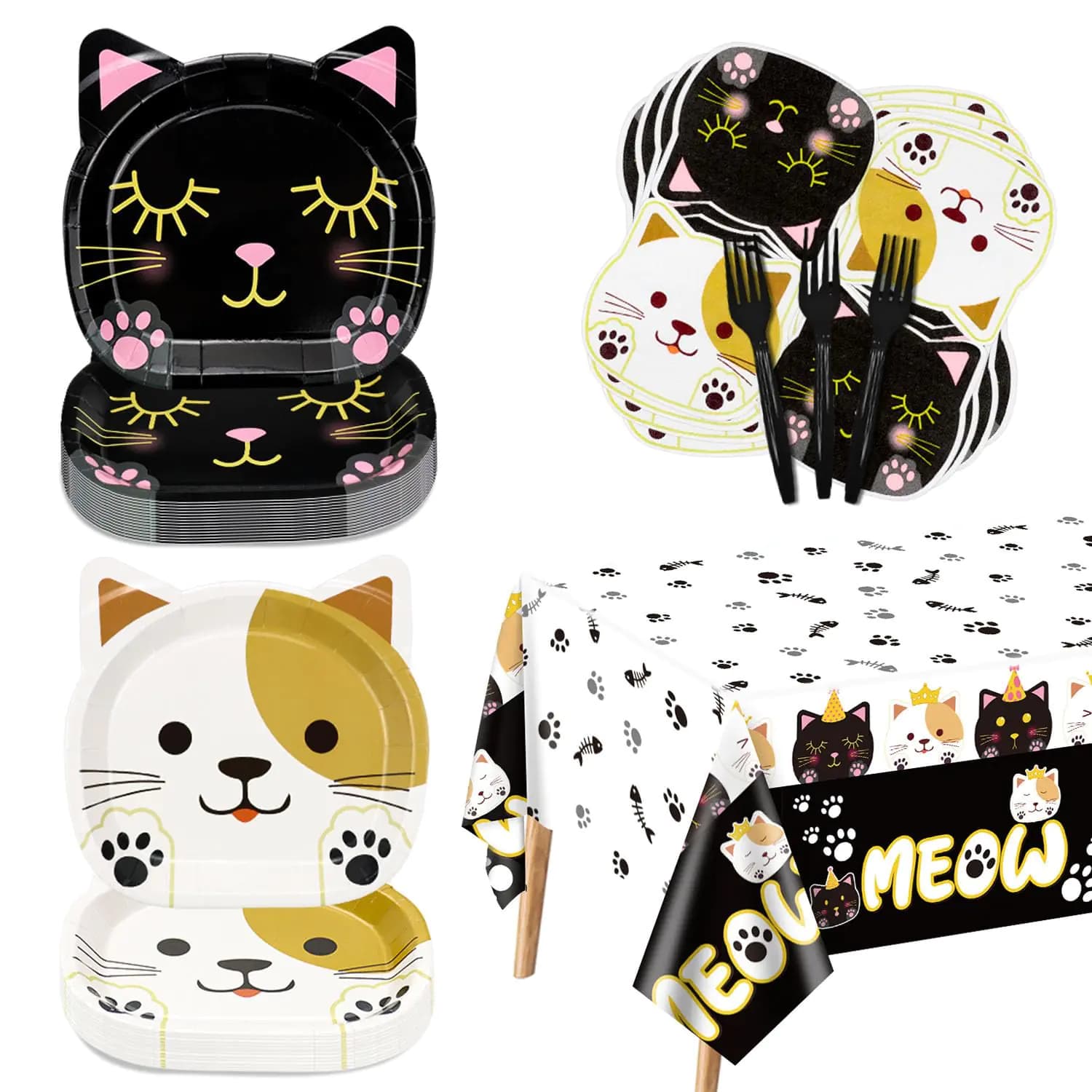 81 Pieces Cat Birthday Party Decorations - Including Cat Plates Pet Napkins and MEOW Tablecloth for Pet Cat Themed Birthday Party Supplies Serve 20 Guests