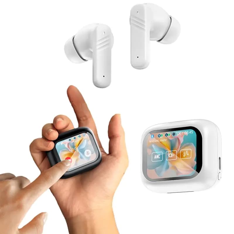 Touch screen earbuds Wireless Earbuds - Active Noise Cancelling Earbuds ANC with Smart Touch Screen - Ear Earbuds with Wireless Charging Case LED Display Deep Bass Earphones Headset with Built (White)