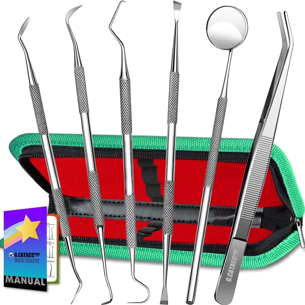 G.CATACC Dental Tools Dental Pick Teeth Cleaning Tools Hygiene Kit Plaque Remover for Teeth Professional Stainless Steel Tooth Scraper Plaque Tartar Cleaner - with Case