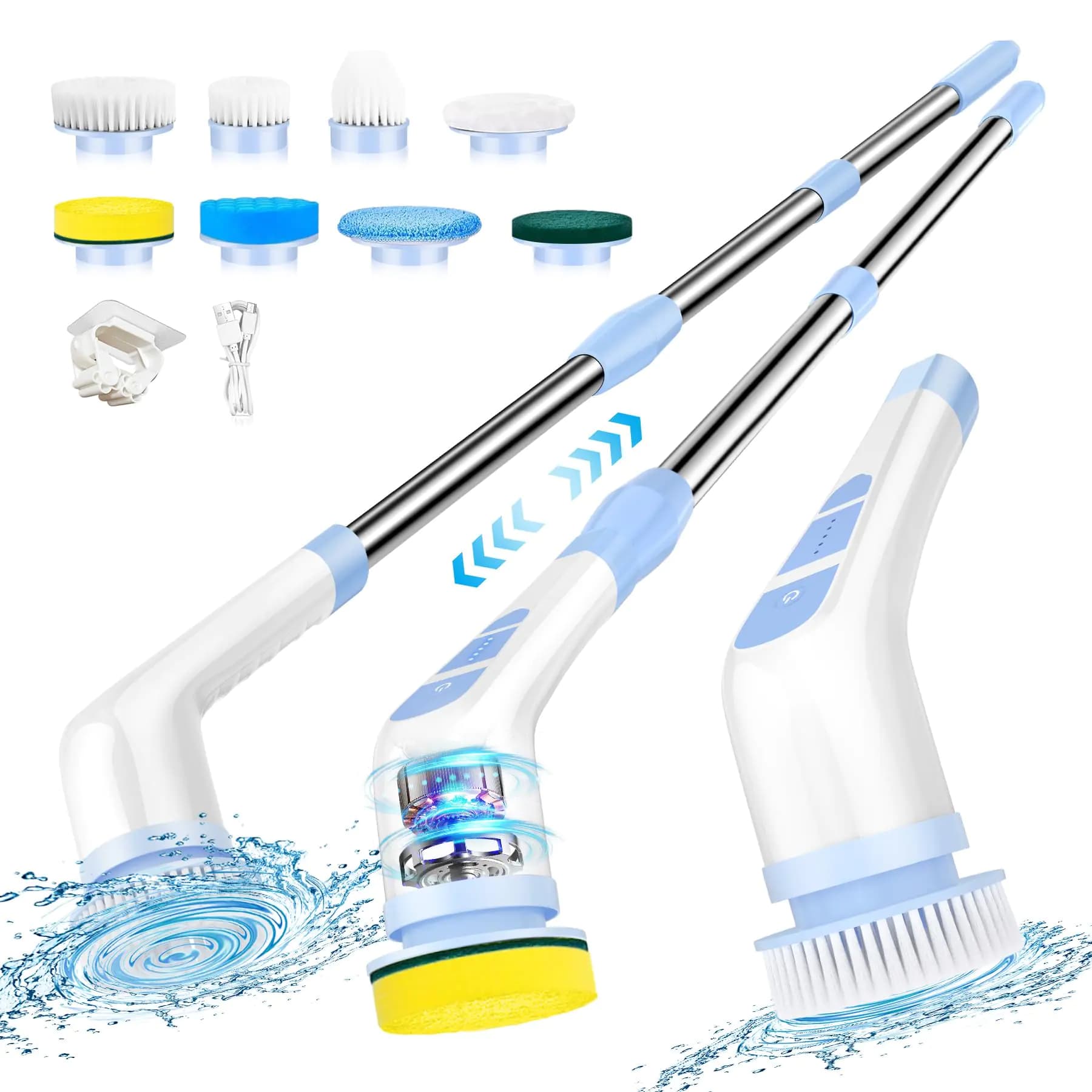 YHQ Electric Spin Scrubber Cordless Shower Scrubber with Long Handle Cleaning Brush with 8 Replaceable Brush Heads Electric Scrubber for Cleaning Bathroom Shower Floors Tub Tile