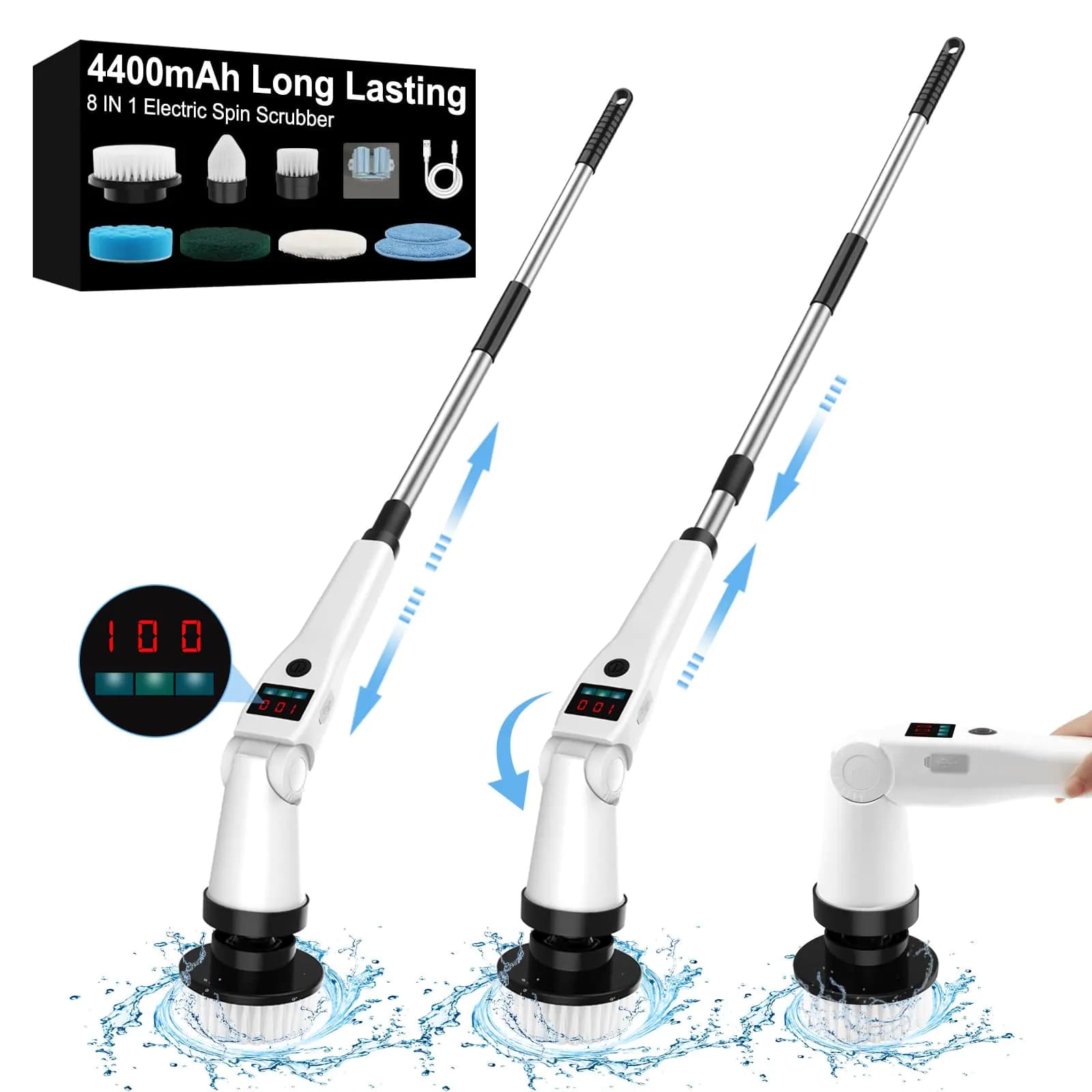 Electric Spin Scrubber Cordless Cleaning Brush with 8 Replaceable Brush Heads Tub and Floor Tile Power Scrubber 3 Speeds with Adjustable & Detachable Handle for Bathroom Kitchen Car