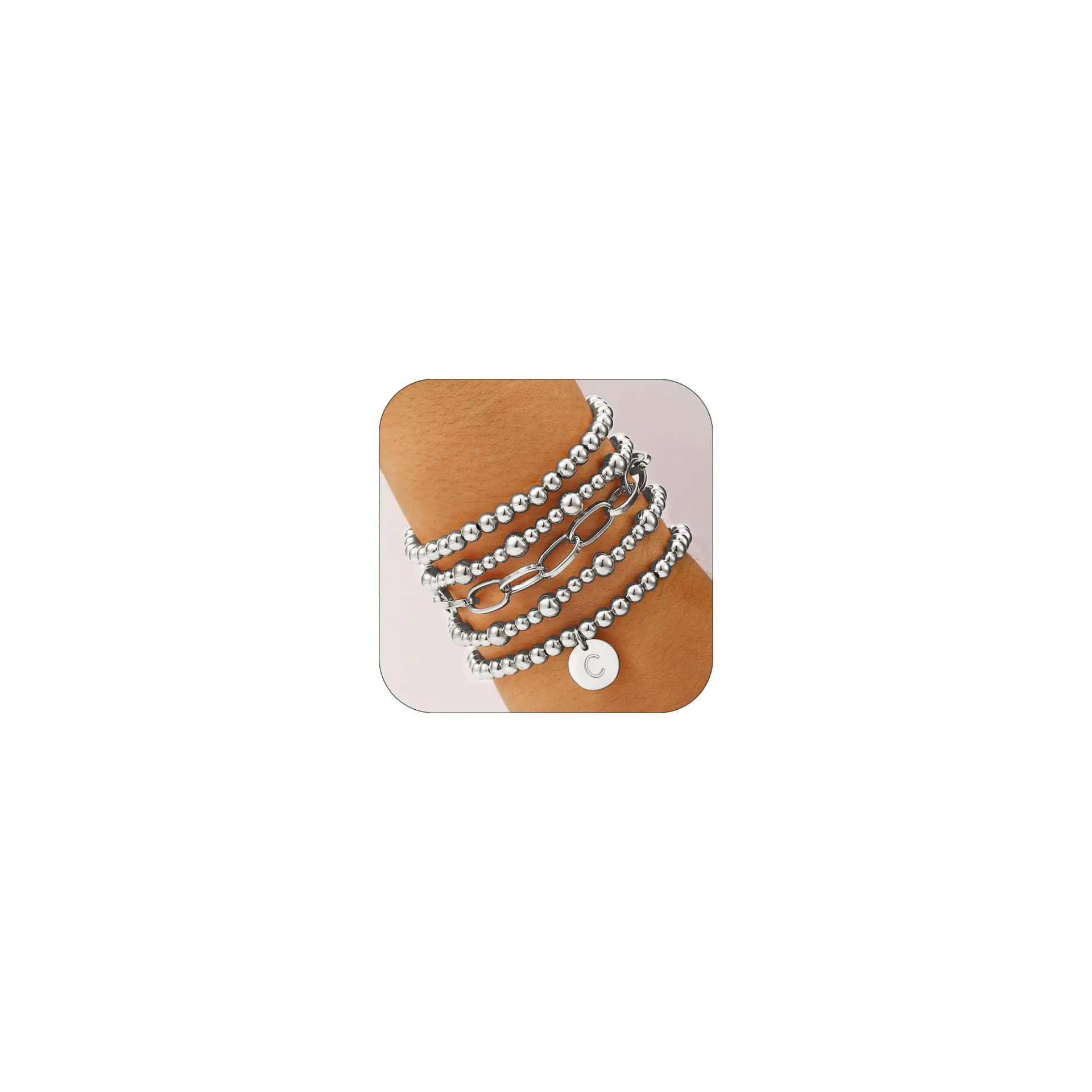 Lydow Silver Beaded Bracelets for Women Initial C Letter Bracelet Stack Bracelet Plated Stretch Bead Ball Paperclip Jewelry Set Gifts