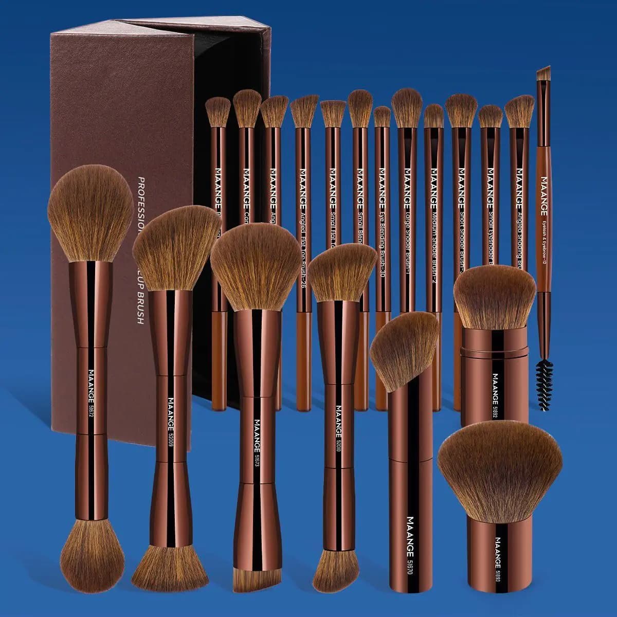 MAANGE 20 Pcs Makeup Brushes with Gift Box Double-End Multi-functional Makeup Brushes for Blending Liquid Powder Concealer Cream Blush BuffeDark Brown