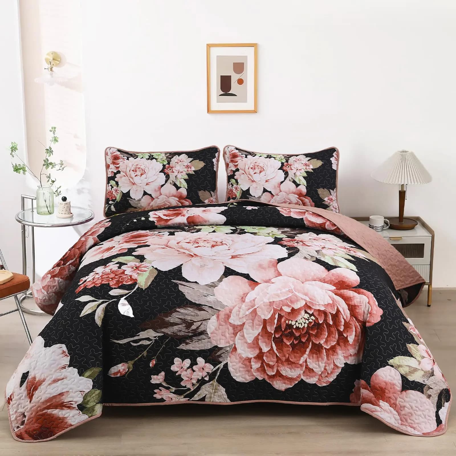 WONGS BEDDING Black Quilt Set King Elegant Botanical Printed Bedspreads 3 Pieces Pink Floral Lightweight Bedding Set for All Seasons Reversible Coverlet Set with 2 Pillow Shams