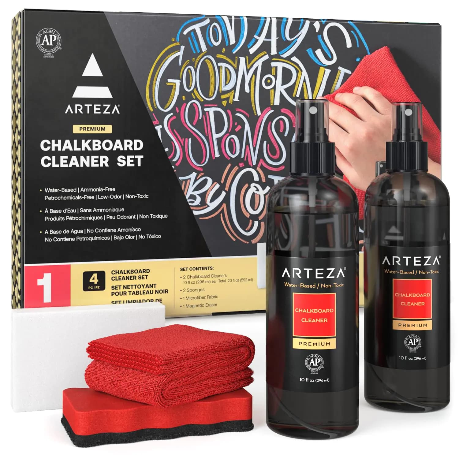 Arteza Chalkboard Cleaner Set with 2 Cleaners 10-Ounces Each 1 Microfiber Fabric Towel 2 Magic Sponges & 1 Magnetic Eraser Office Supplies for Chalkboards Blackboards & Glass Surfaces