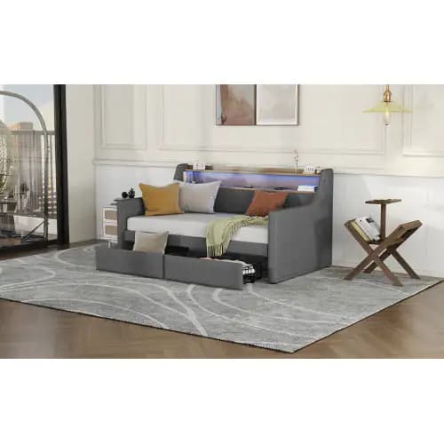 Twin Size Daybed With Storage Drawers, Upholstered Daybed With Charging Station And LED Lights, Gray