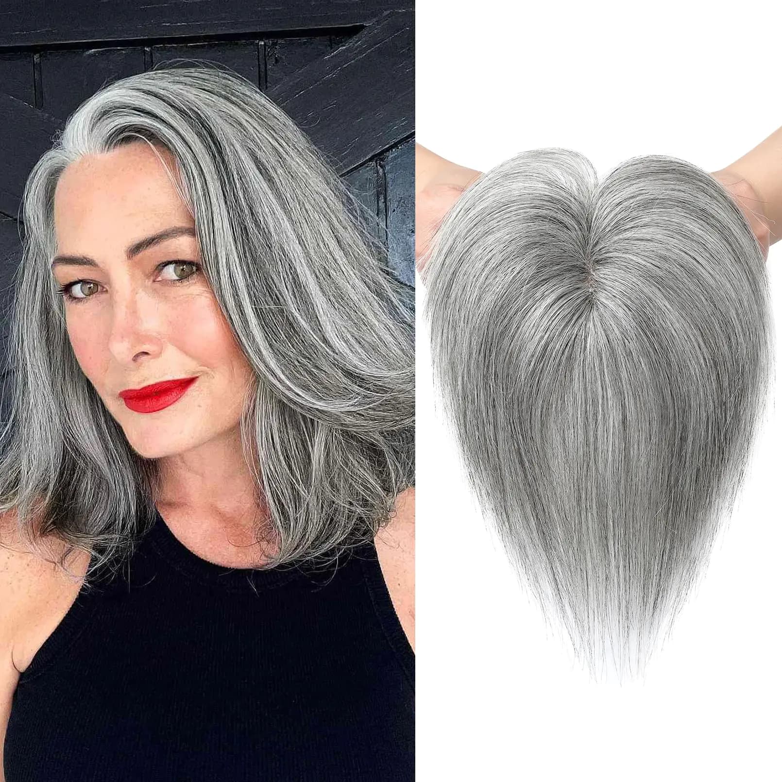Human Hair Topper With Bangs - Grey
