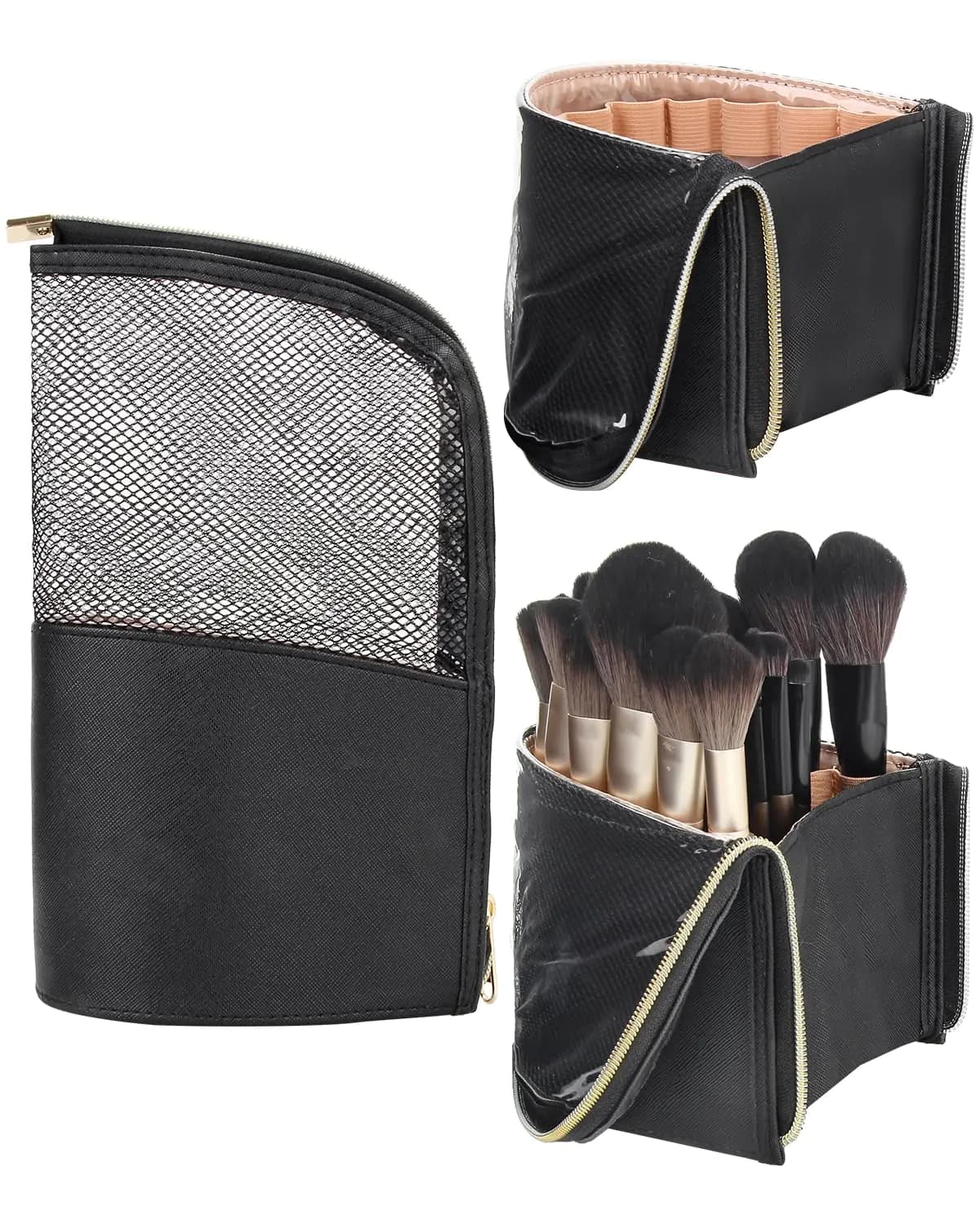 MONSTINA Makeup Brush Organzier BagHigh Capacity Portable Stand-Up Makeup Brush HolderProfessional Artist Makeup Brush Sets Case Waterproof Dust-proof Makeup Brush Cup(ExtraBlack)