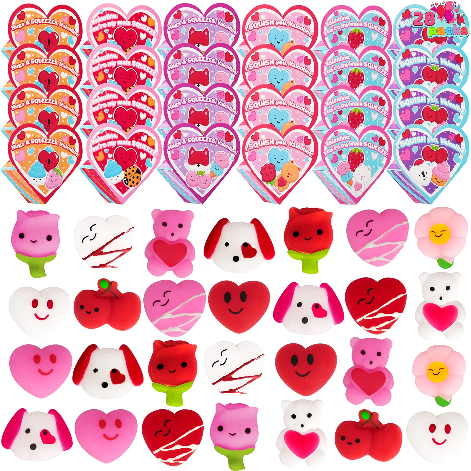 JOYIN 28 Packs Valentines Mochi squishy toy Party Favors with Heart Boxes for Kids Classroom Exchange Valentine Party Game Prizes Kawaii Toys Kids Valentine Gift Exchange