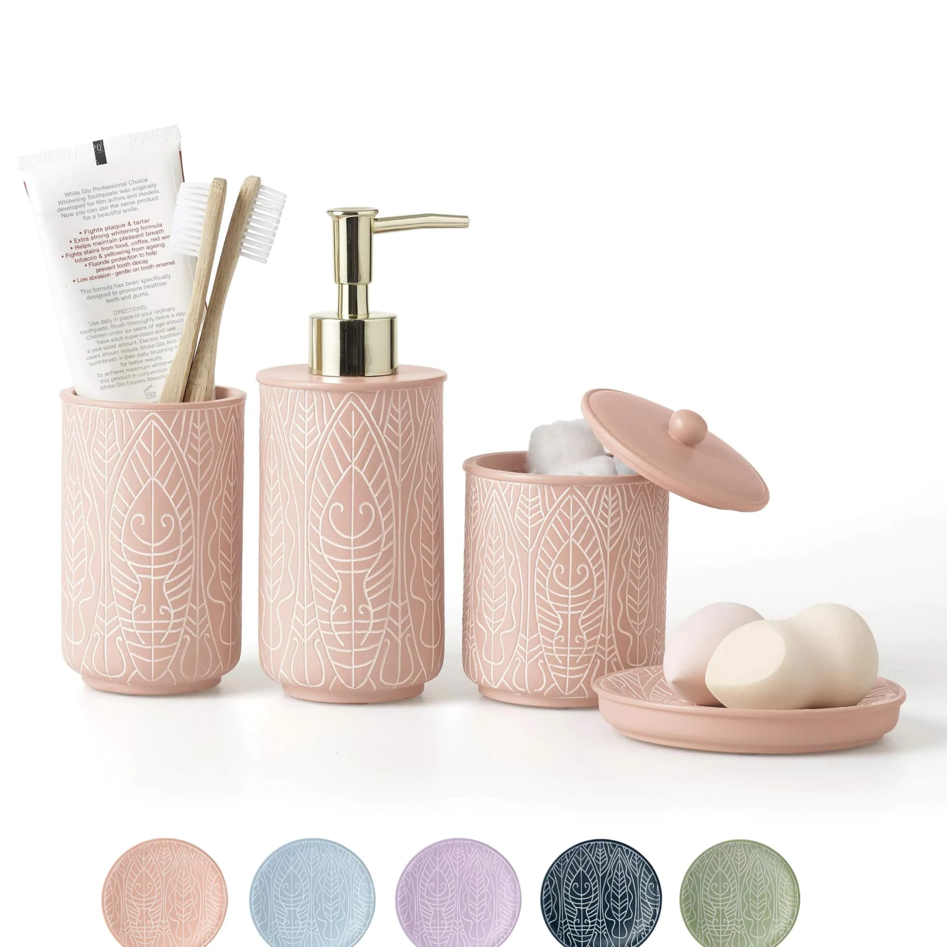 Premium Coral Pink Bathroom Accessories Set. Pink Bathroom Decor. Accesorios para Baños. New Apartment Essentials. Pink Toothbrush Holder and Soap Dispenser.