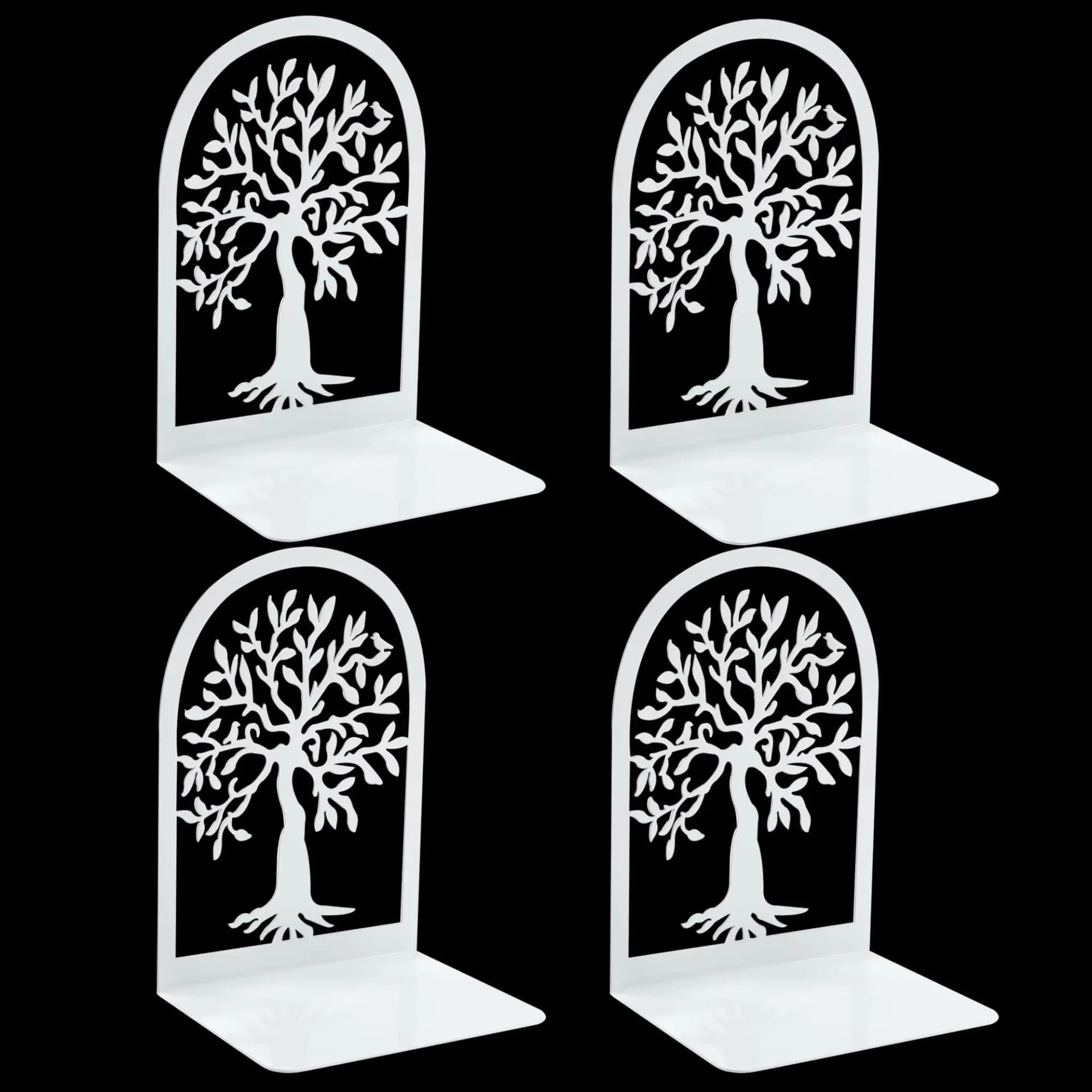 Tree of Life Book Ends - Black Tree Decorative Bookend Heavy Duty Metal Bird on Tree Books Stand for Desktop Shelf Decor Home Office Supplies Gifts Non-Skid Book Support Stopper (2 White B173)