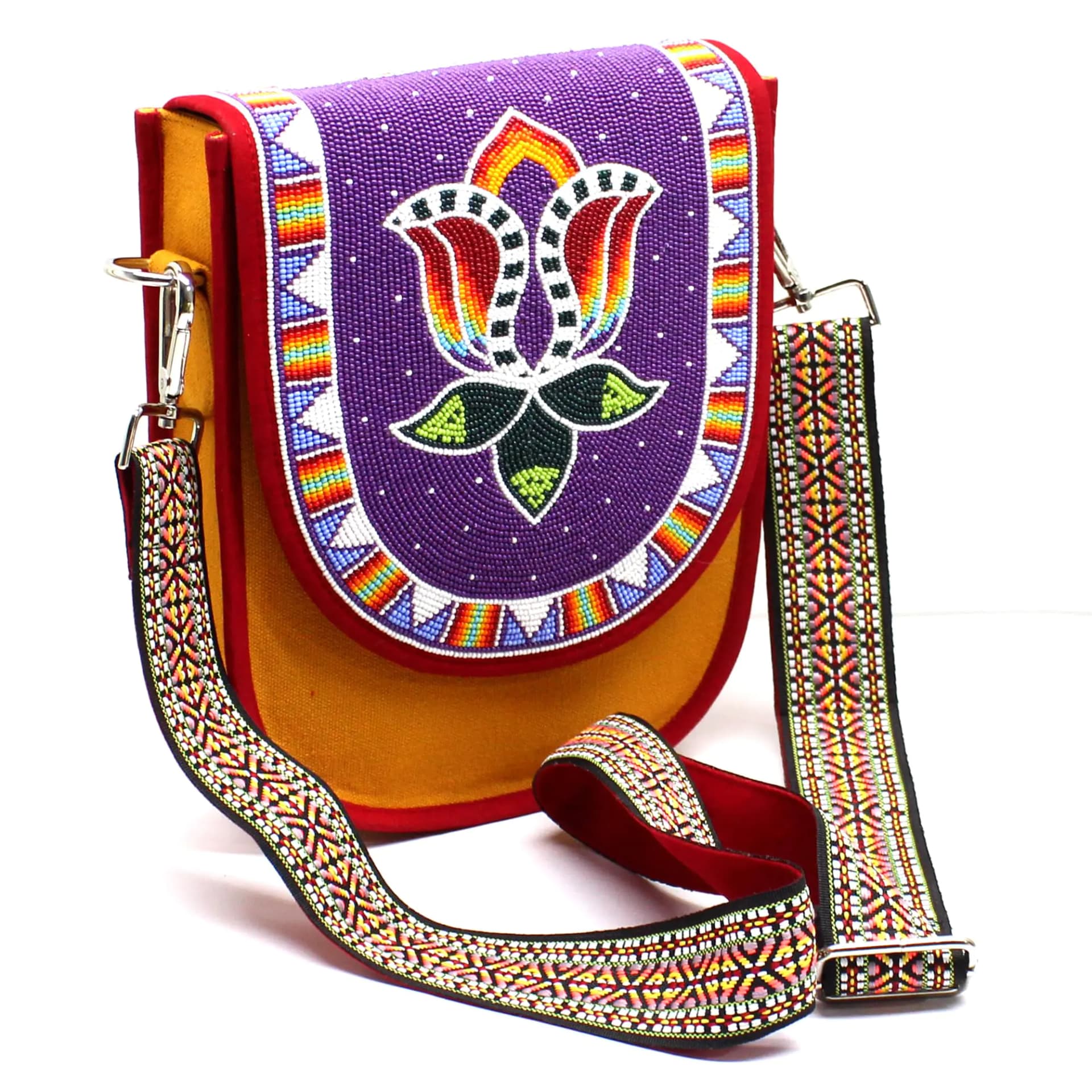 Handmade Beaded HandbagNative American Style Canvas Crossbody Unisex Handbag With Adjustable StrapSeed Bead Shoulder Handbag.(Purple)