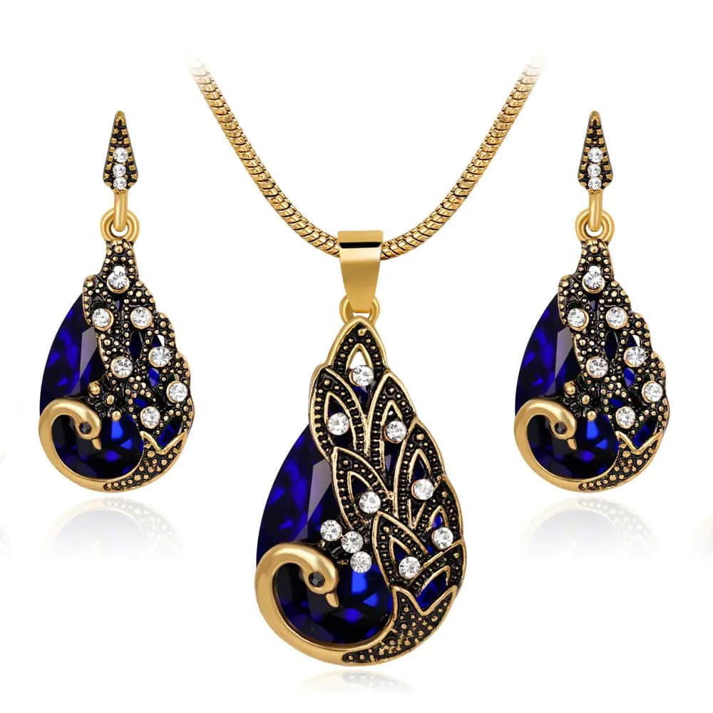 Ezing Women Gift Vintage Gold Plated Blue Peacock Jewelry Set Pendant Necklace Earrings (blue)