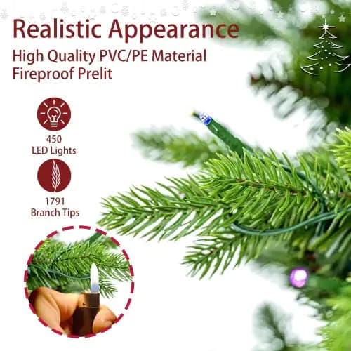 6.5 Feet Artificial Christmas Tree With Metal Brackets, 450 Two-color LED Lights, 1791 Branch Tips Green